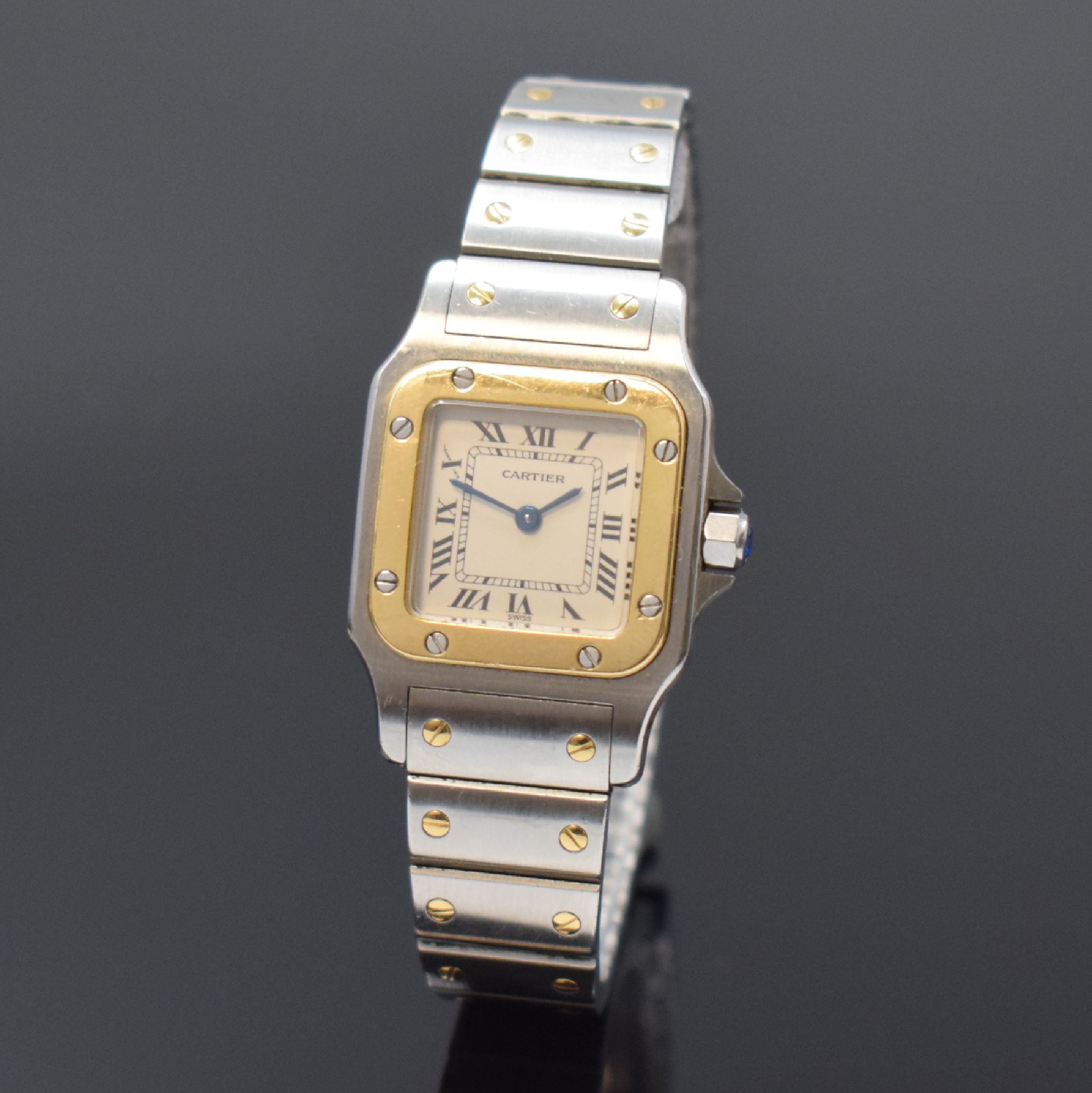 CARTIER Santos Damenarmbanduhr in Stahl/Gold Referenz 1057930, Schweiz um 2000, quartz, leicht gebogenes Geh., Boden m. Monogr. Grav. 8-fach ...