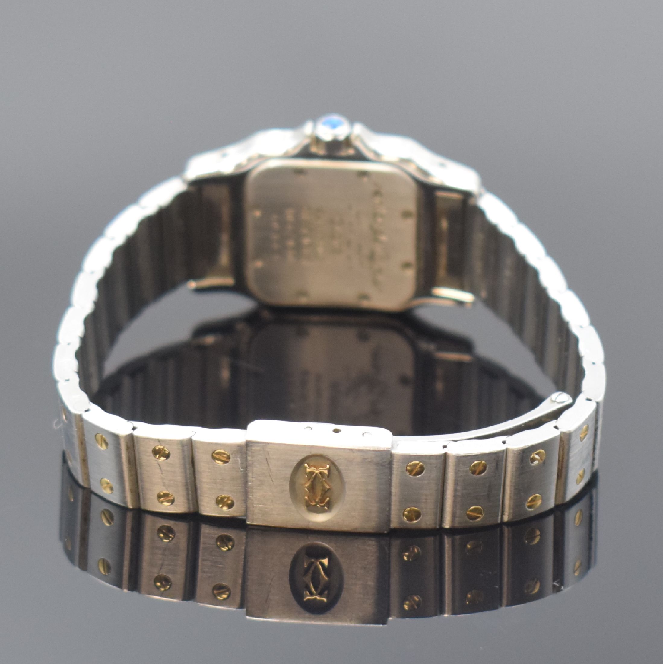 Detail b: CARTIER Santos Damenarmbanduhr in Stahl/Gold Referenz 1057930, Schweiz um 2000, quartz, leicht gebogenes Geh., Boden m. Monogr. Grav. 8-fach ...