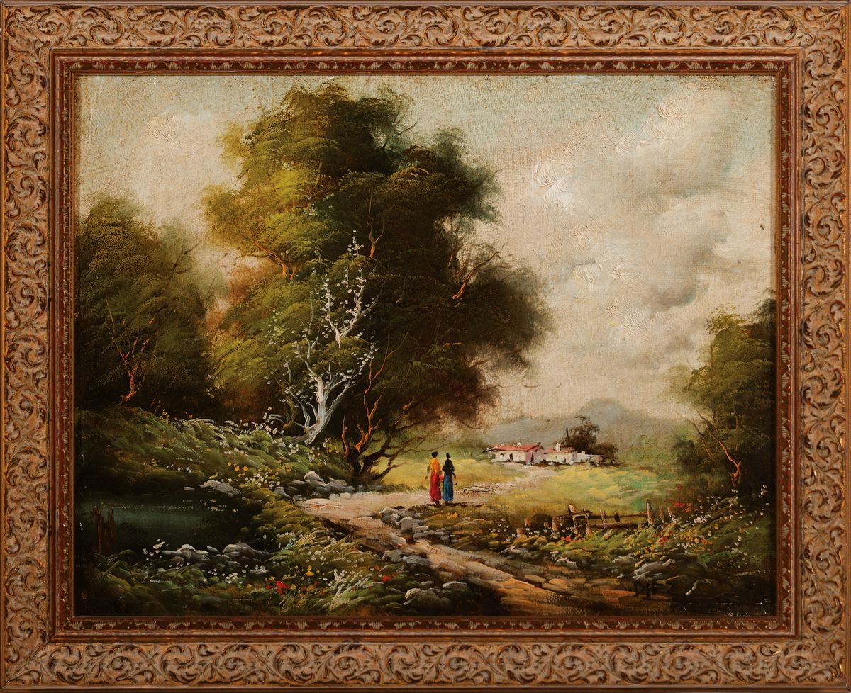 Detail k: Diez, deutscher Maler, um 1900, zwei Spaziergänger am Waldrand, laufen auf ein Dorf zu, Öl/Lwd, rechts unten signiert, ca. 27x35cm, R. ca. 34x42cm
