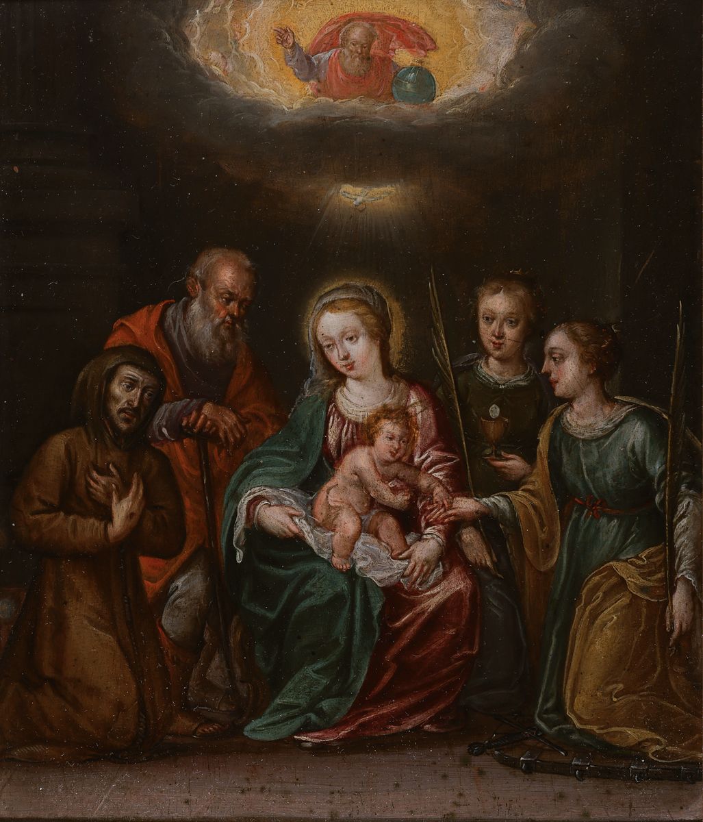 Unbekannter Künstler des frühen 19. Jh., Maria mit dem Christuskind, flankiert von Josef und zwei Frauen, von der eine bereits die Hostie in der ...