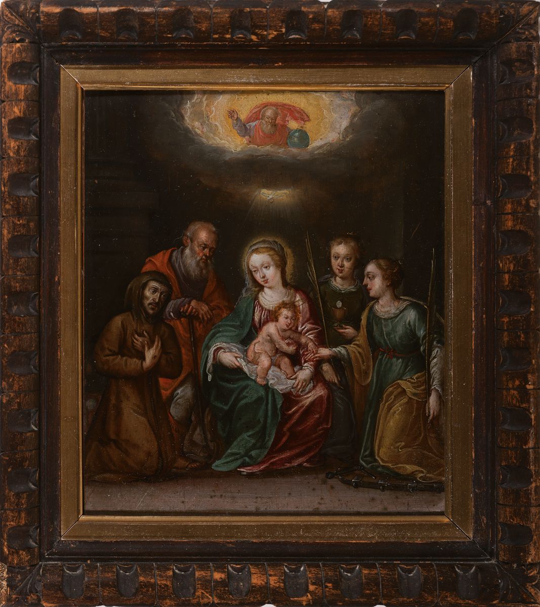 Detail k: Unbekannter Künstler des frühen 19. Jh., Maria mit dem Christuskind, flankiert von Josef und zwei Frauen, von der eine bereits die Hostie in der ...