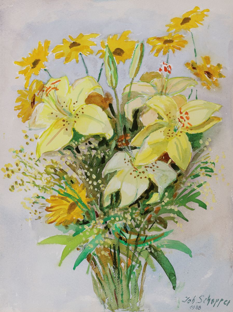 Johannes Schopper, 1901 Fürth - 1992, Ausbildung an der Kunstschule Nürnberg, zwei Blumenstillleben, Aquarell auf Papier/Öl auf Lwd, je signiert ...