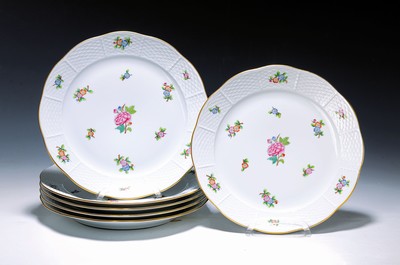 Image 26652318 - Dinner service, Herend, Hungary, 20th century,porcelain, for 6 people, scattered flower decoration, gold decoration, 6 dinner plates, soup cups with saucers, vase, age plate.