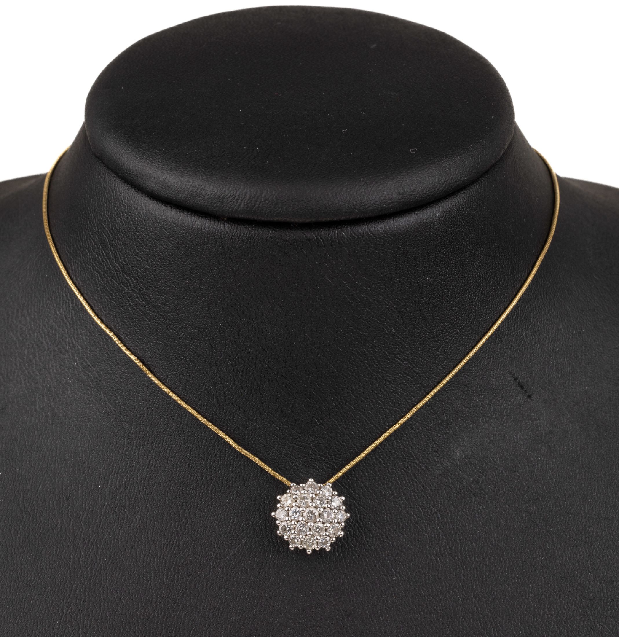 14 kt Gold Brillant-Anhänger, GG/WG 585/000, Brillanten zus. ca. 1.0 ct Weiß/p 1 an Kette, L. ca. 48.5 cm, leichte Knickstellen, ca. 5.4 g
