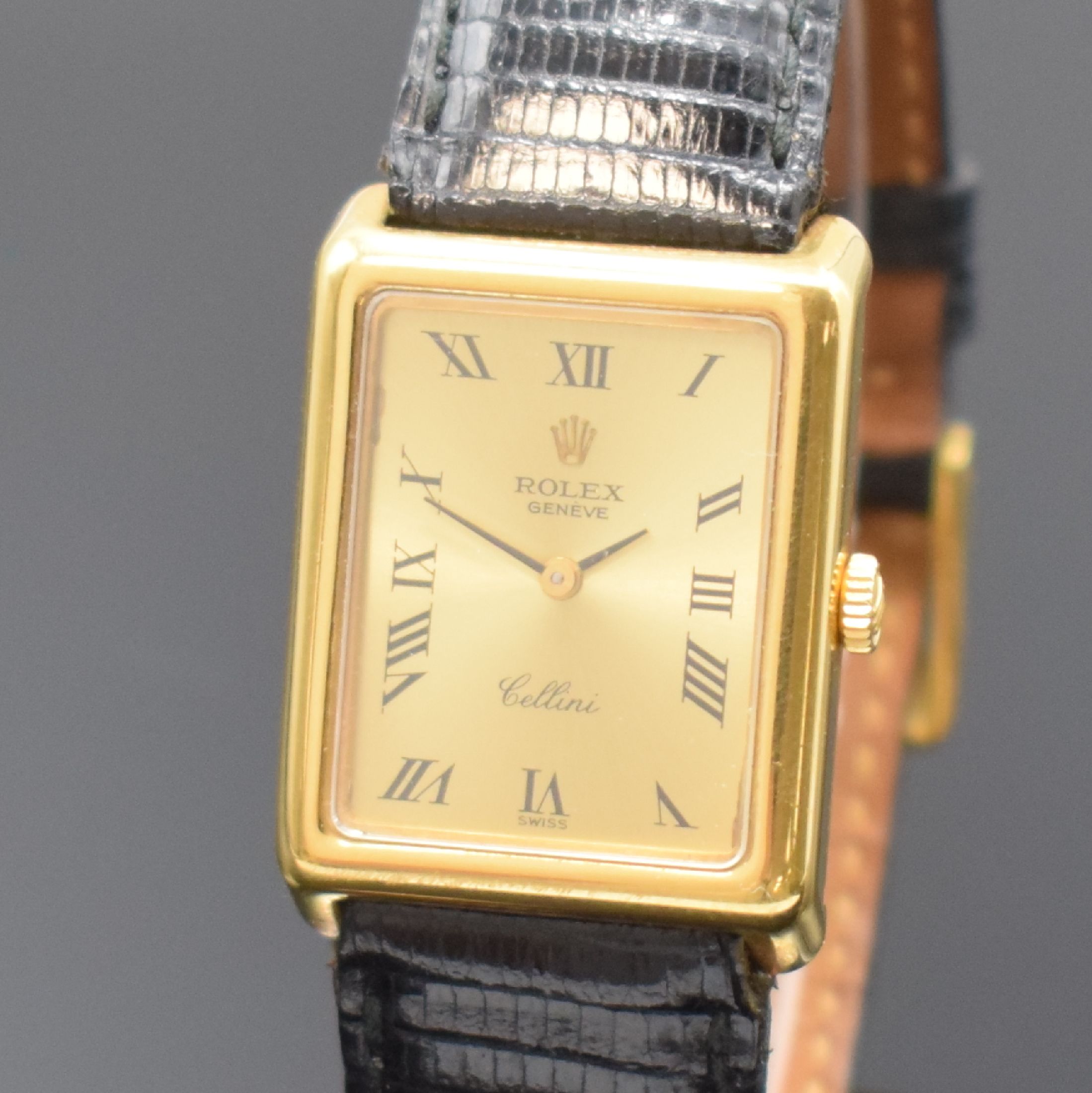 Detail a: ROLEX Cellini Damenarmbanduhr in GG 750/000 Referenz 4103, Schweiz um 1975, Handaufzug, rechteck. Geh., Boden aufgedr., orig. Krone, gold. Zifferbl. ...