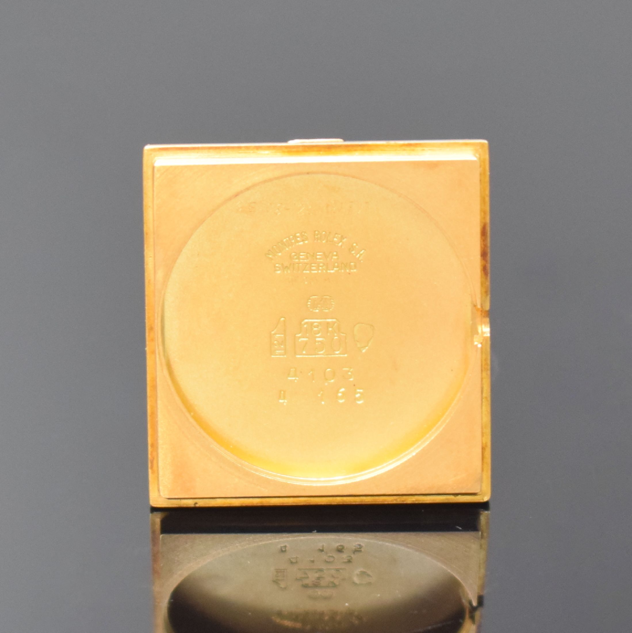 Detail e: ROLEX Cellini Damenarmbanduhr in GG 750/000 Referenz 4103, Schweiz um 1975, Handaufzug, rechteck. Geh., Boden aufgedr., orig. Krone, gold. Zifferbl. ...
