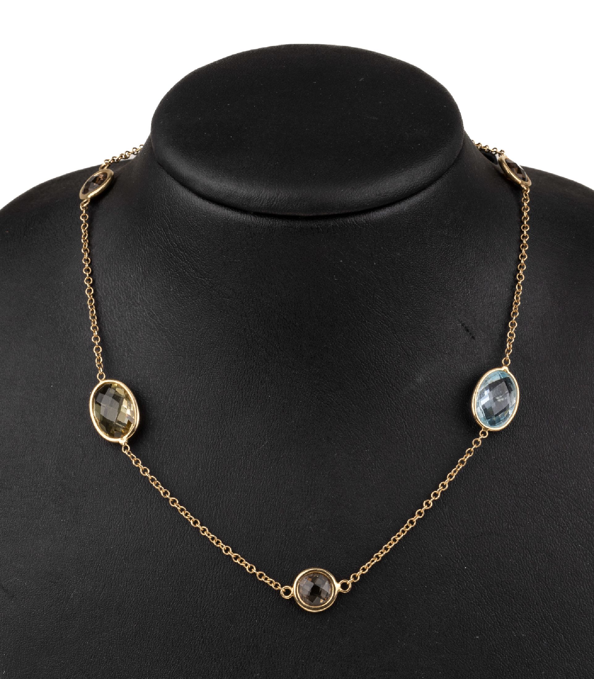 14 kt Gold Farbstein-Collier, GG 585/000, rund- und ovalfacett. Farbsteine zus. ca. 20.00 ct, darunter Amethyst, Citrin, blauer Topas (beh.) und ...
