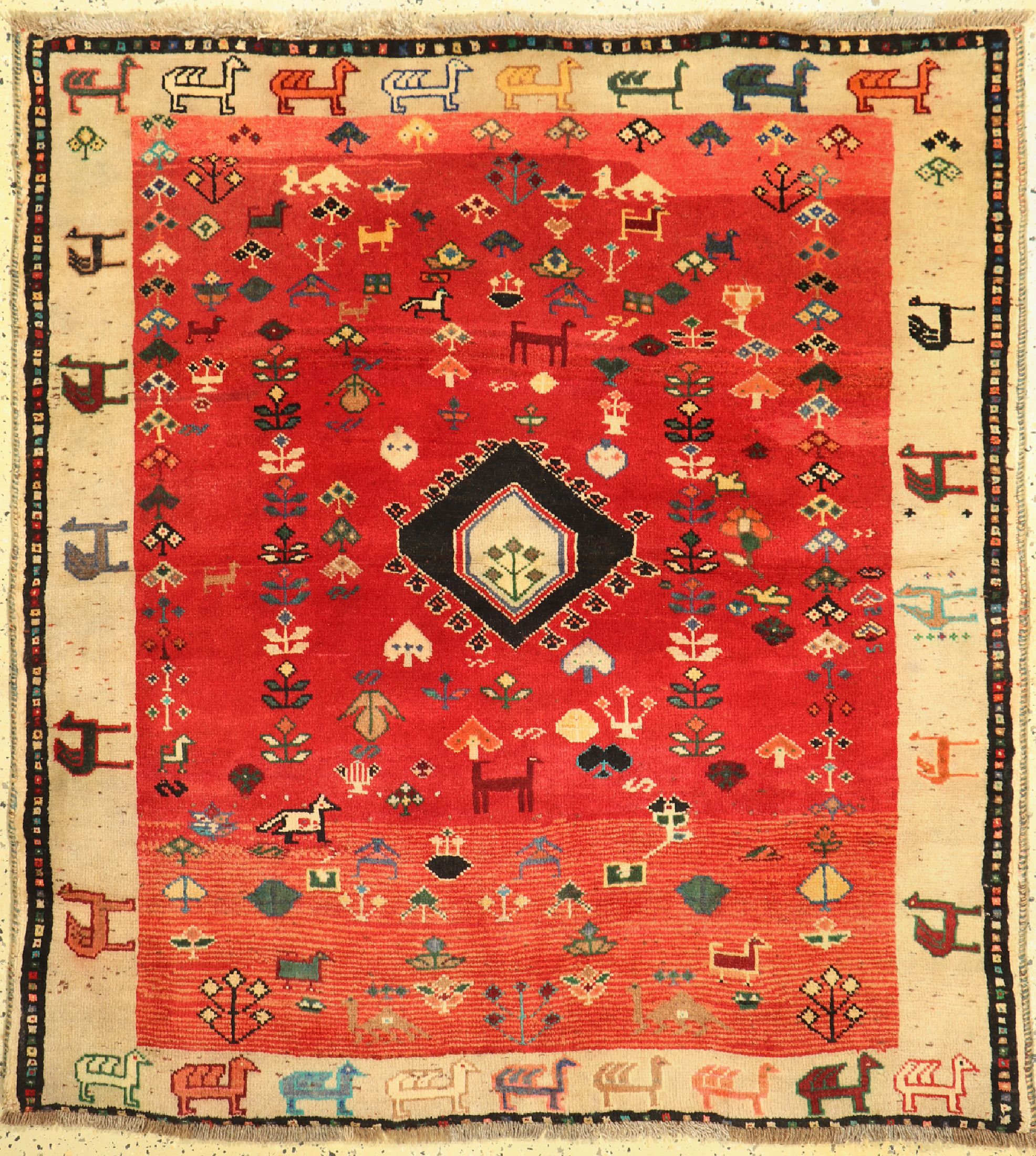 Ghaschgai alt, Persien, um 1960, Wolle auf Wolle, ca. 153 x 143 cm, minimal verkürzt, EHZ: 2-3