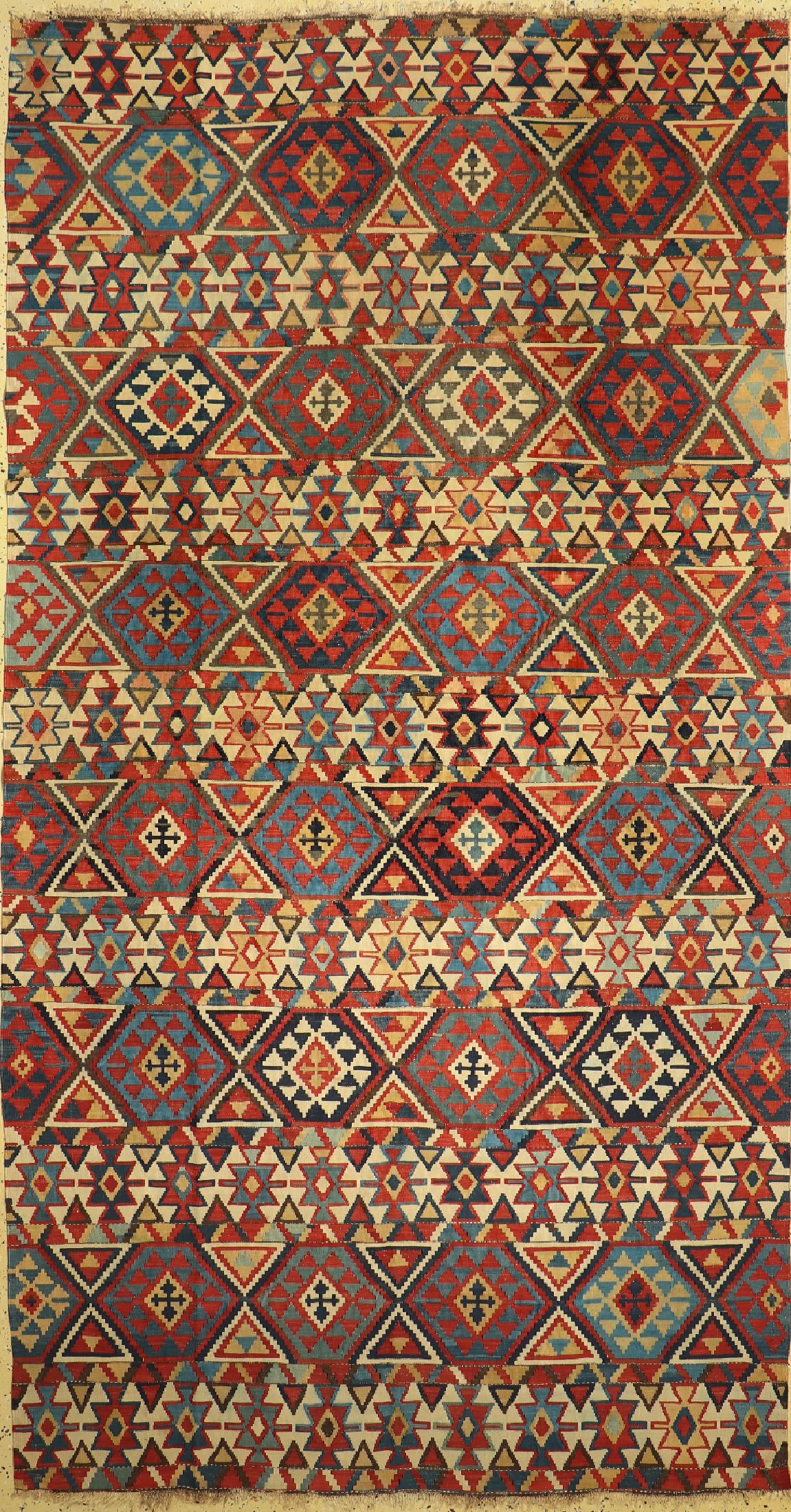 Antiker Kuba Kelim, Kaukasus, 19.Jhd, Wolleauf Wolle, ca. 323 x 170 cm, EHZ: 2, (kleine Löcher)