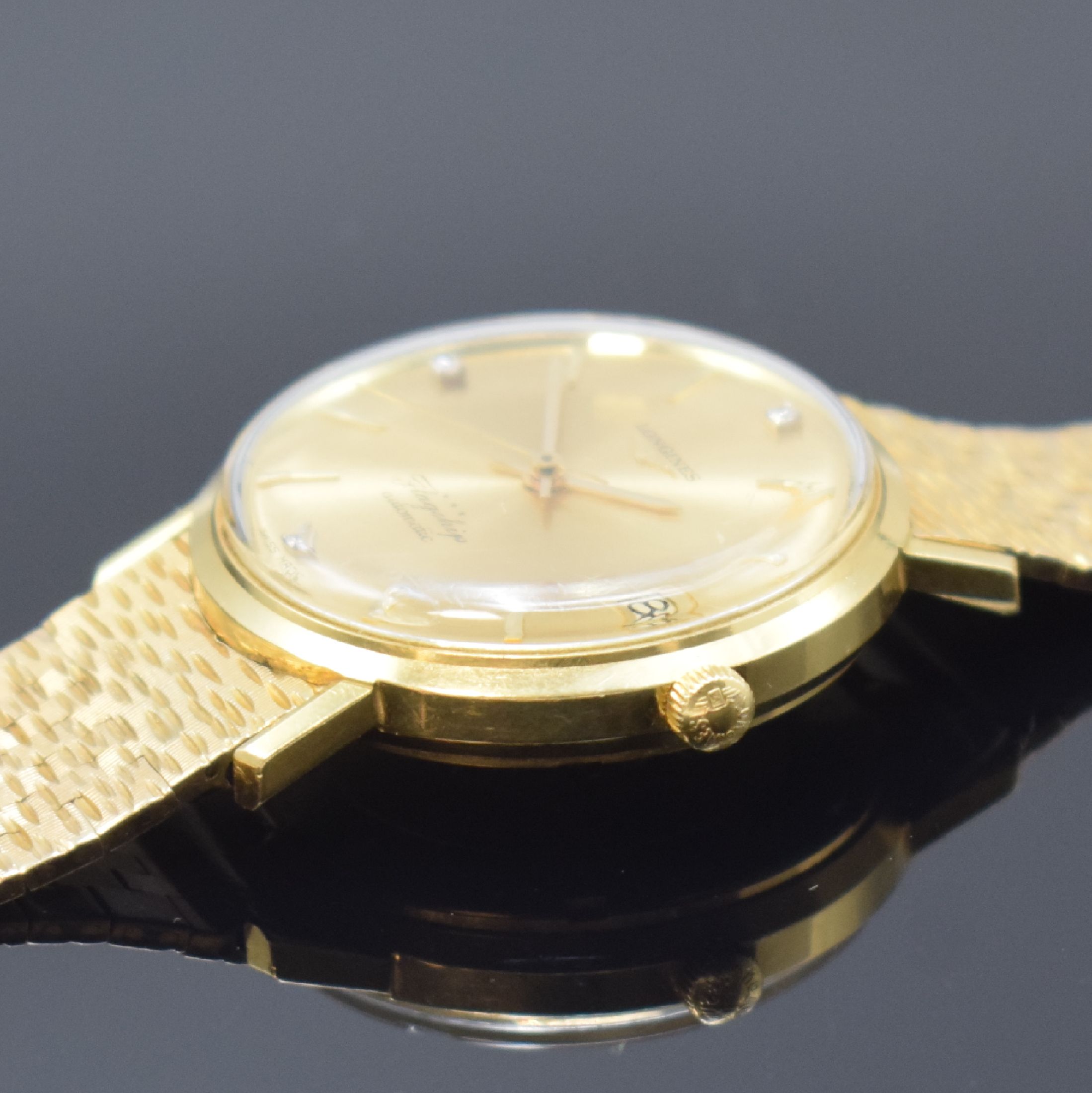 Detail c: LONGINES Flagship Herrenarmbanduhr in GG 750/000, Schweiz um 1966, Automatik, neutr. GG 750/000 Band, Boden verschr., champagnerfarb. Zifferbl. m. ...