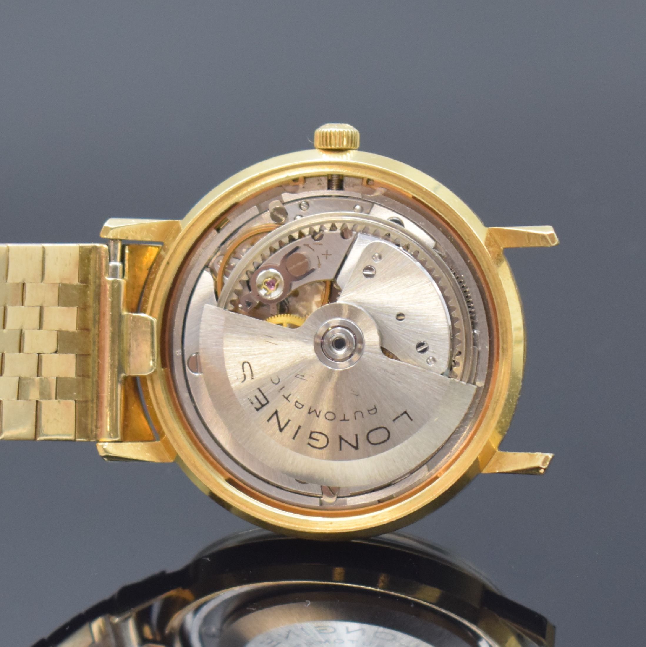 Detail e: LONGINES Flagship Herrenarmbanduhr in GG 750/000, Schweiz um 1966, Automatik, neutr. GG 750/000 Band, Boden verschr., champagnerfarb. Zifferbl. m. ...