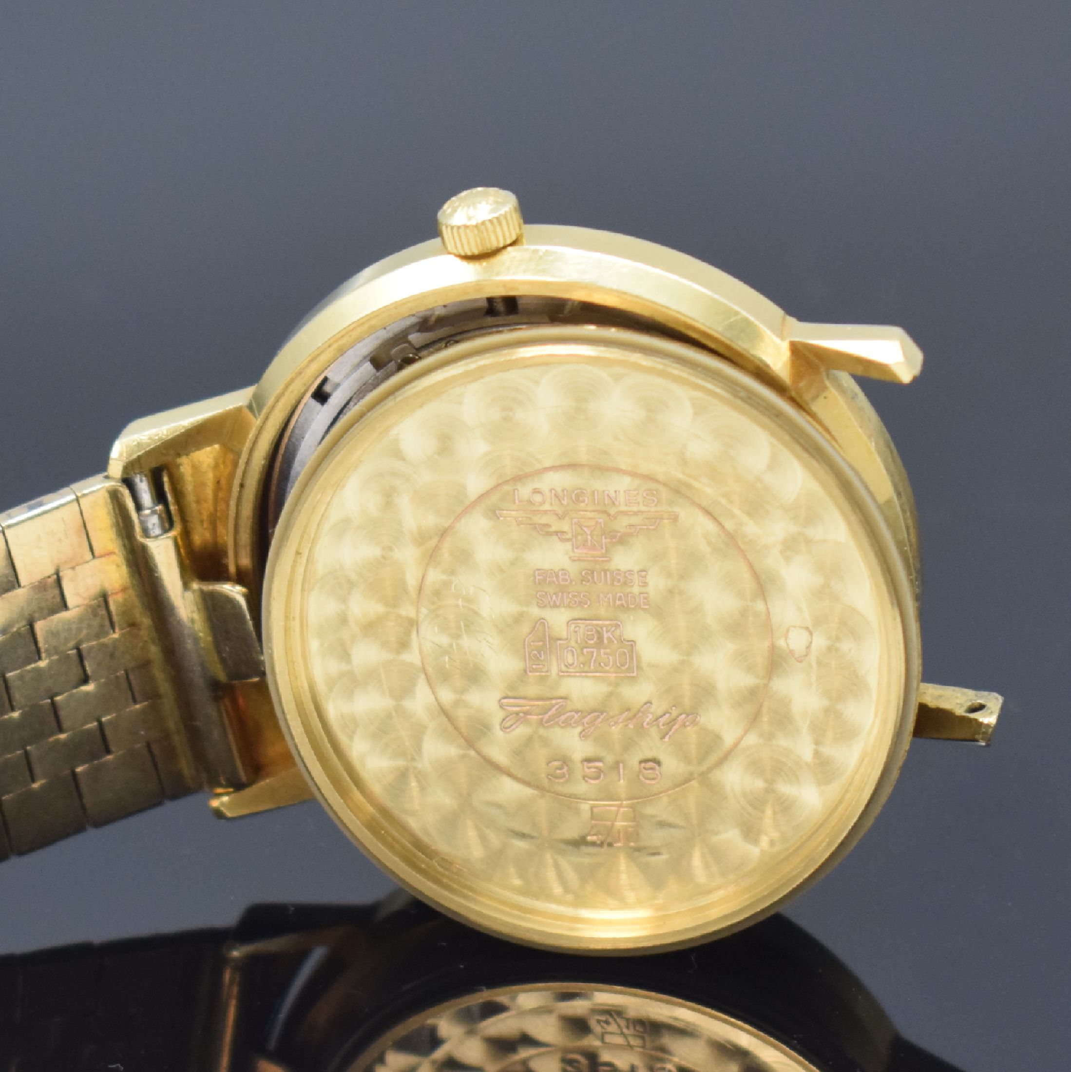 Detail g: LONGINES Flagship Herrenarmbanduhr in GG 750/000, Schweiz um 1966, Automatik, neutr. GG 750/000 Band, Boden verschr., champagnerfarb. Zifferbl. m. ...
