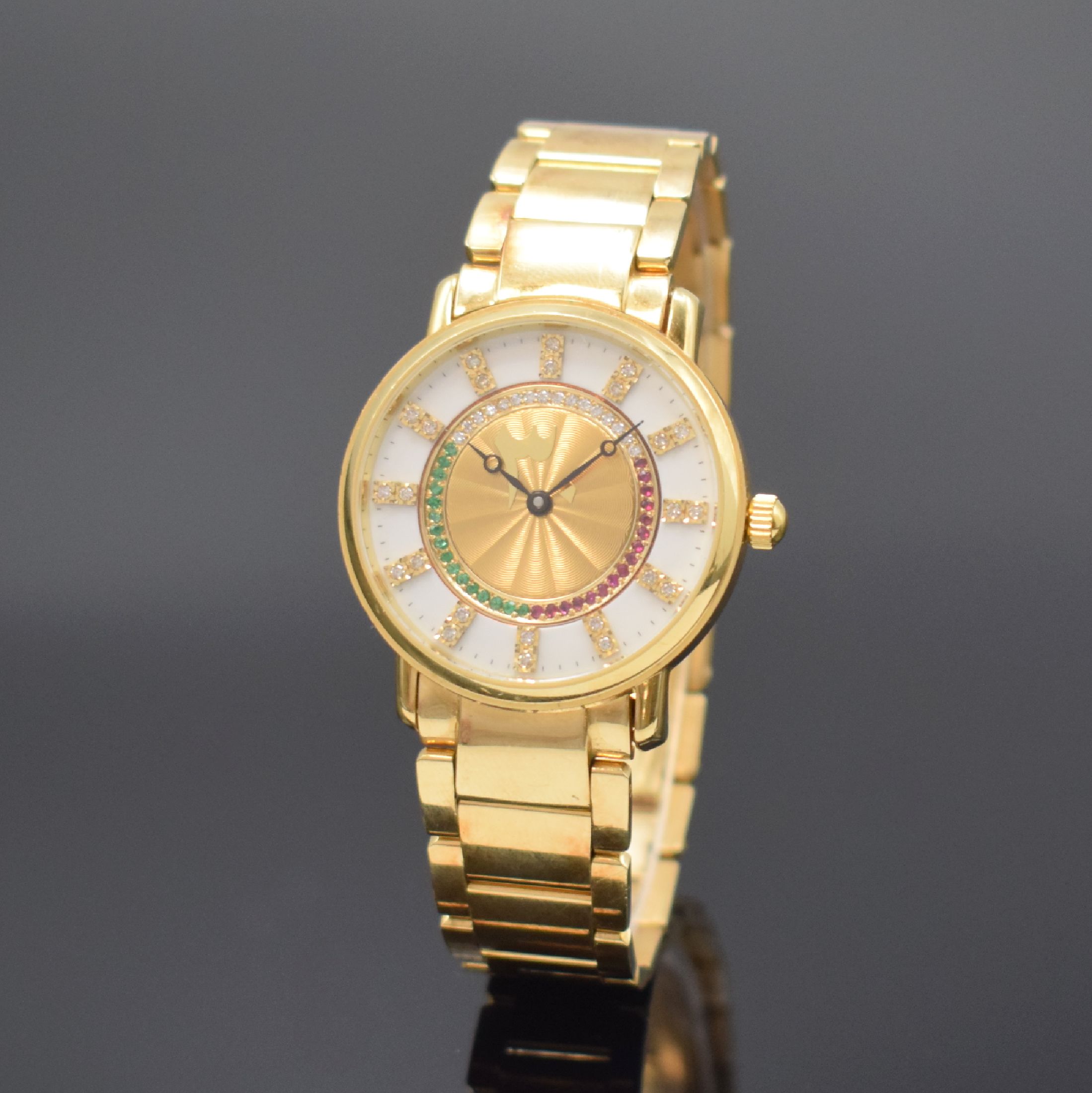 NEW ART Herrenarmbanduhr für den arabischen Markt mit Steinbesatz in GG 750/000, Schweiz um 2000, Automatik, Goldband 750/000, Boden m. Wappen des ...