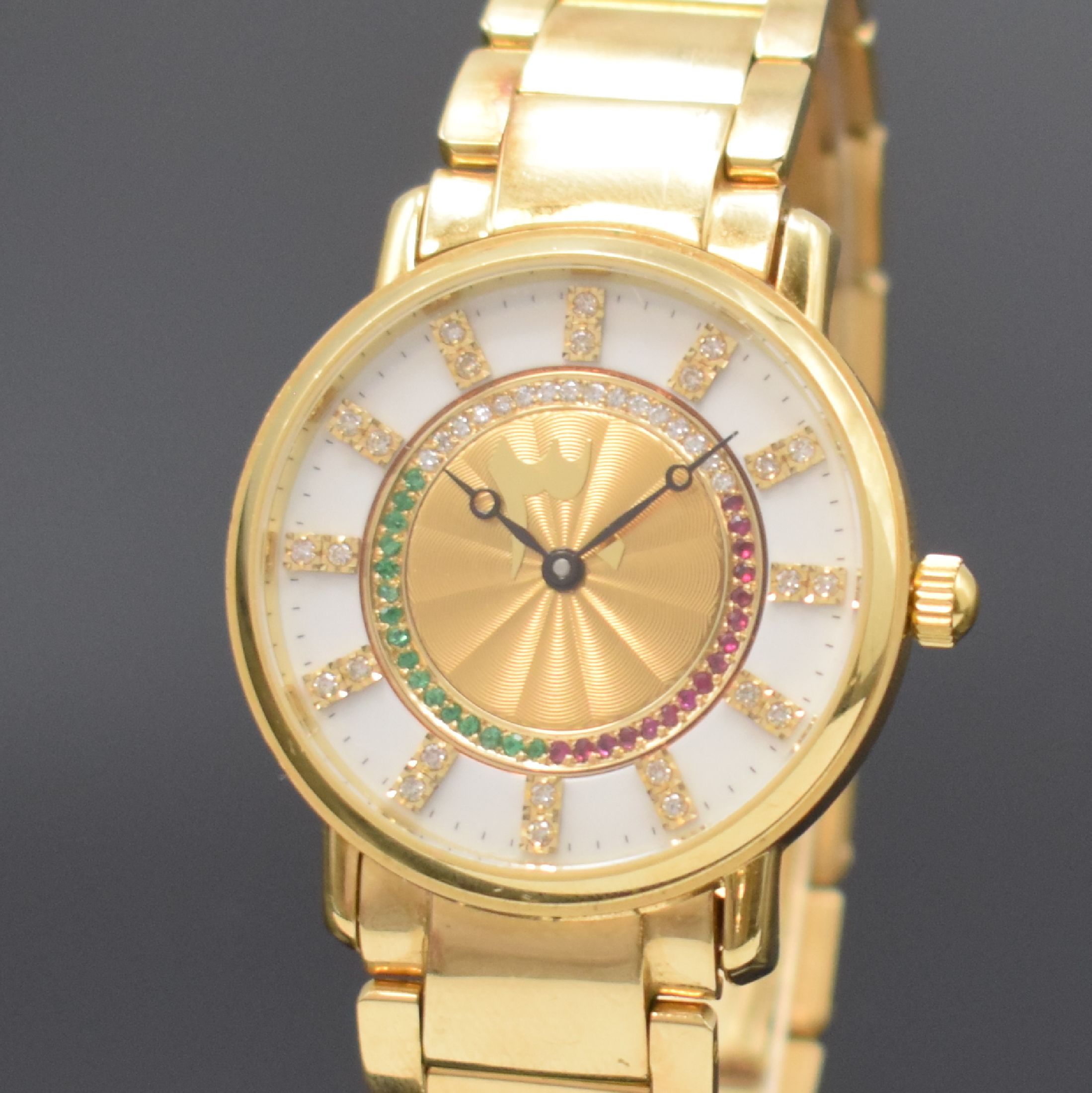 Detail a: NEW ART Herrenarmbanduhr für den arabischen Markt mit Steinbesatz in GG 750/000, Schweiz um 2000, Automatik, Goldband 750/000, Boden m. Wappen des ...