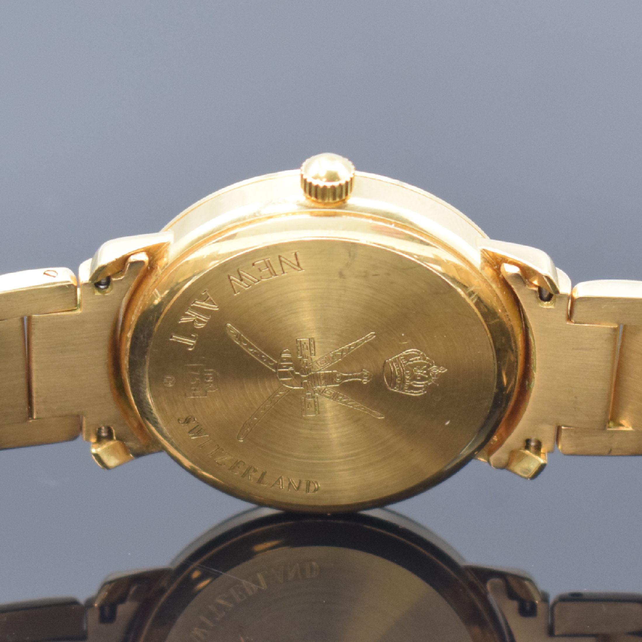 Detail c: NEW ART Herrenarmbanduhr für den arabischen Markt mit Steinbesatz in GG 750/000, Schweiz um 2000, Automatik, Goldband 750/000, Boden m. Wappen des ...