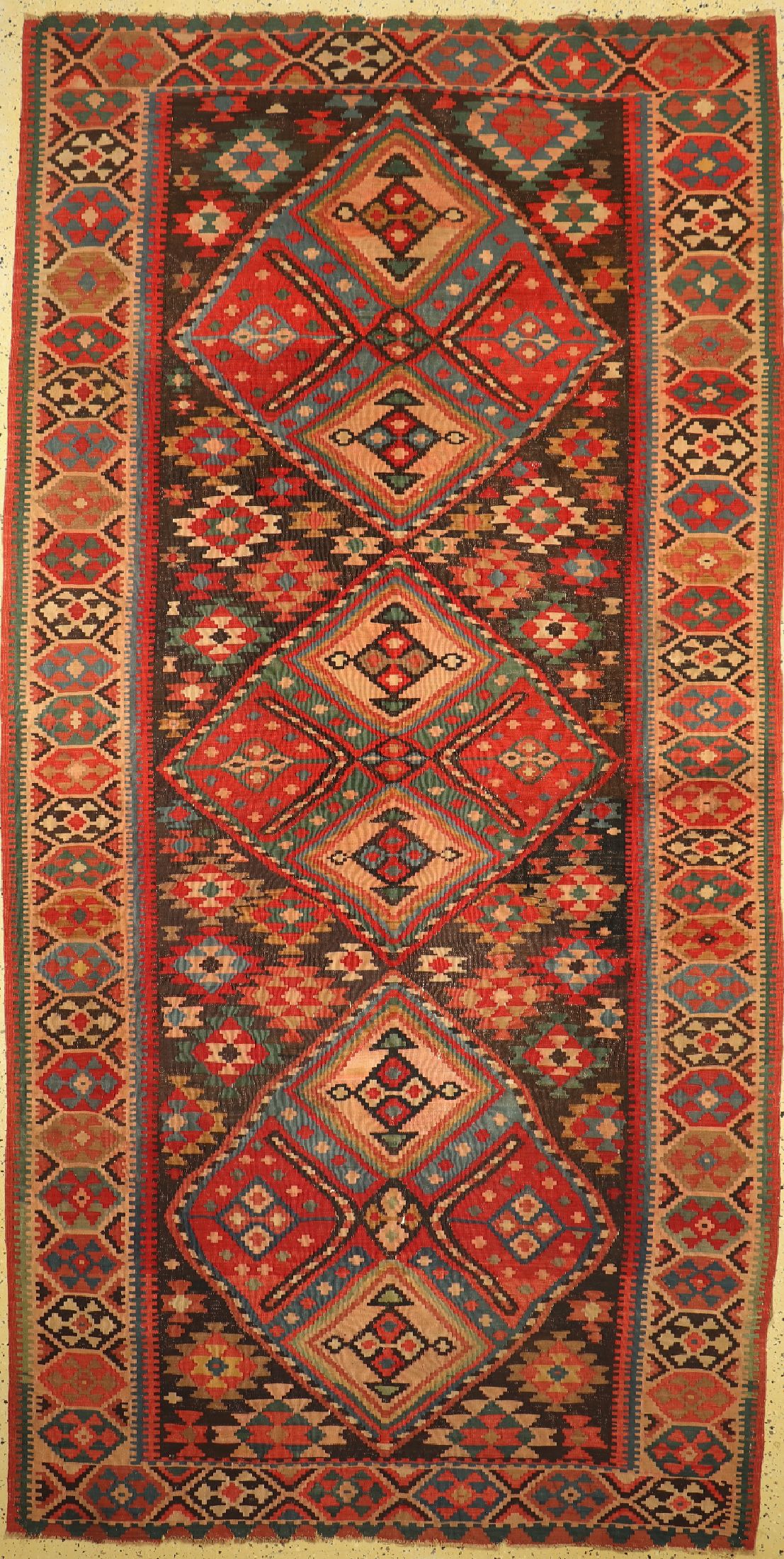 Schirwan Kelim antik, Kaukasus, um 1900, Wolle auf Wolle, ca. 370 x 187 cm, EHZ: 3