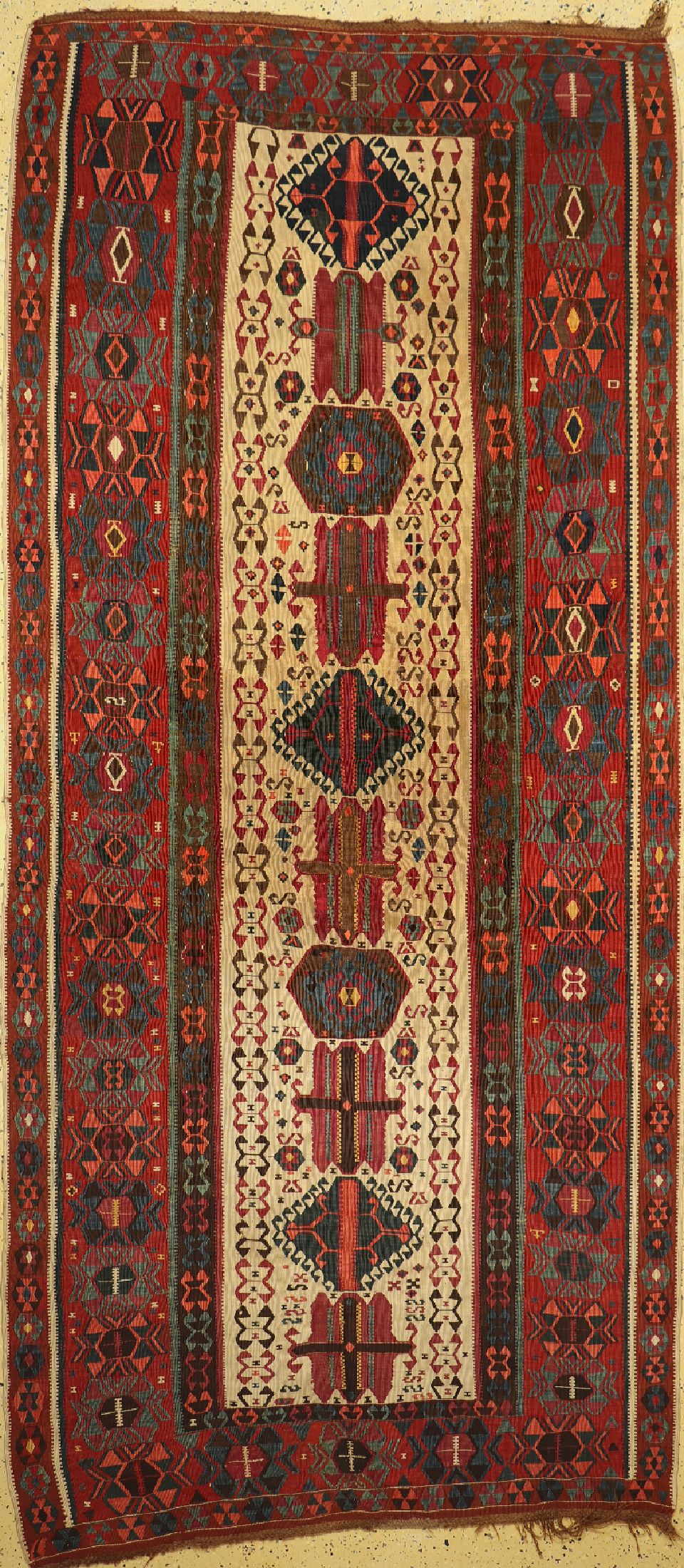 Aydin Kelim antik, Türkei, 19.Jhd, Wolle auf Wolle, ca. 360 x 165 cm, EHZ: 2 (kleines Loch), restauriert