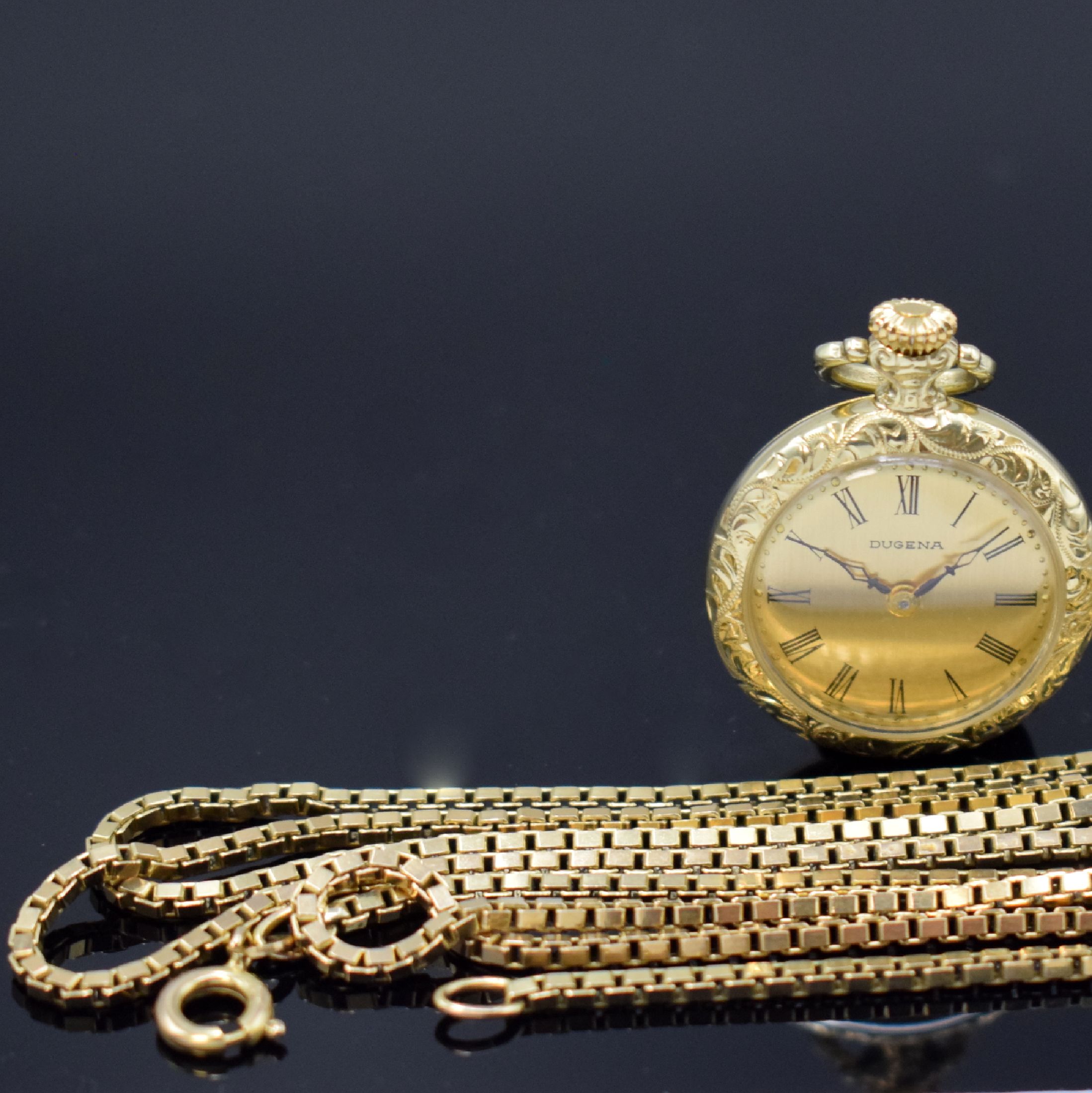 Detail a: DUGENA offene Damentaschen-/Anhängeuhr in GG 585/000 an Kette in GG 333/000, Handaufzug, Deutschland um 1980, aufw. grav. 2-teil. Geh., Boden ...