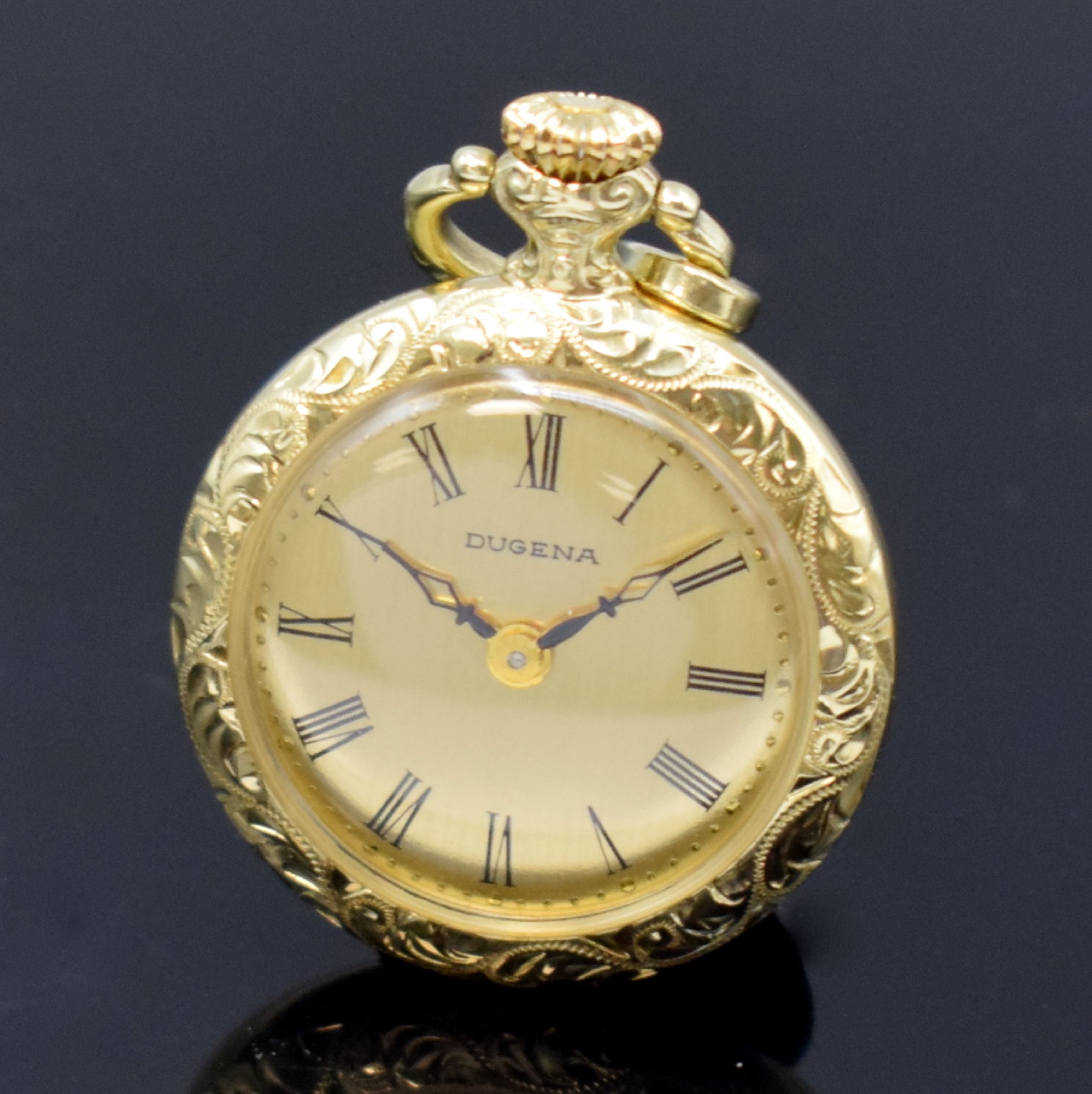 Detail b: DUGENA offene Damentaschen-/Anhängeuhr in GG 585/000 an Kette in GG 333/000, Handaufzug, Deutschland um 1980, aufw. grav. 2-teil. Geh., Boden ...
