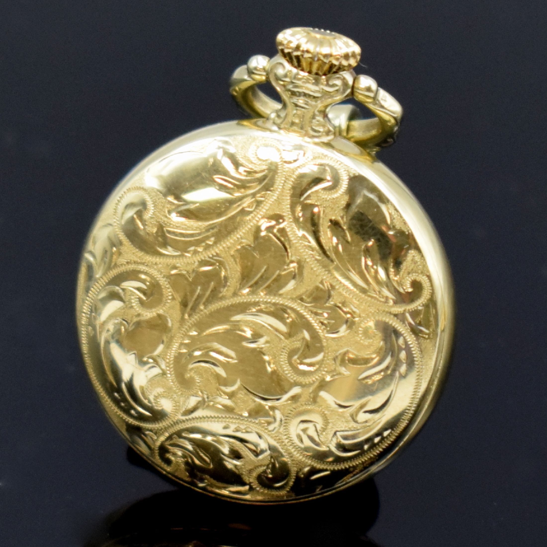 Detail c: DUGENA offene Damentaschen-/Anhängeuhr in GG 585/000 an Kette in GG 333/000, Handaufzug, Deutschland um 1980, aufw. grav. 2-teil. Geh., Boden ...