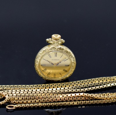 DUGENA offene Damentaschen-/Anhängeuhr in GG 585/000 an Kette in GG 333/000, Handaufzug, Deutschland um 1980, aufw. grav. 2-teil. Geh., Boden ...