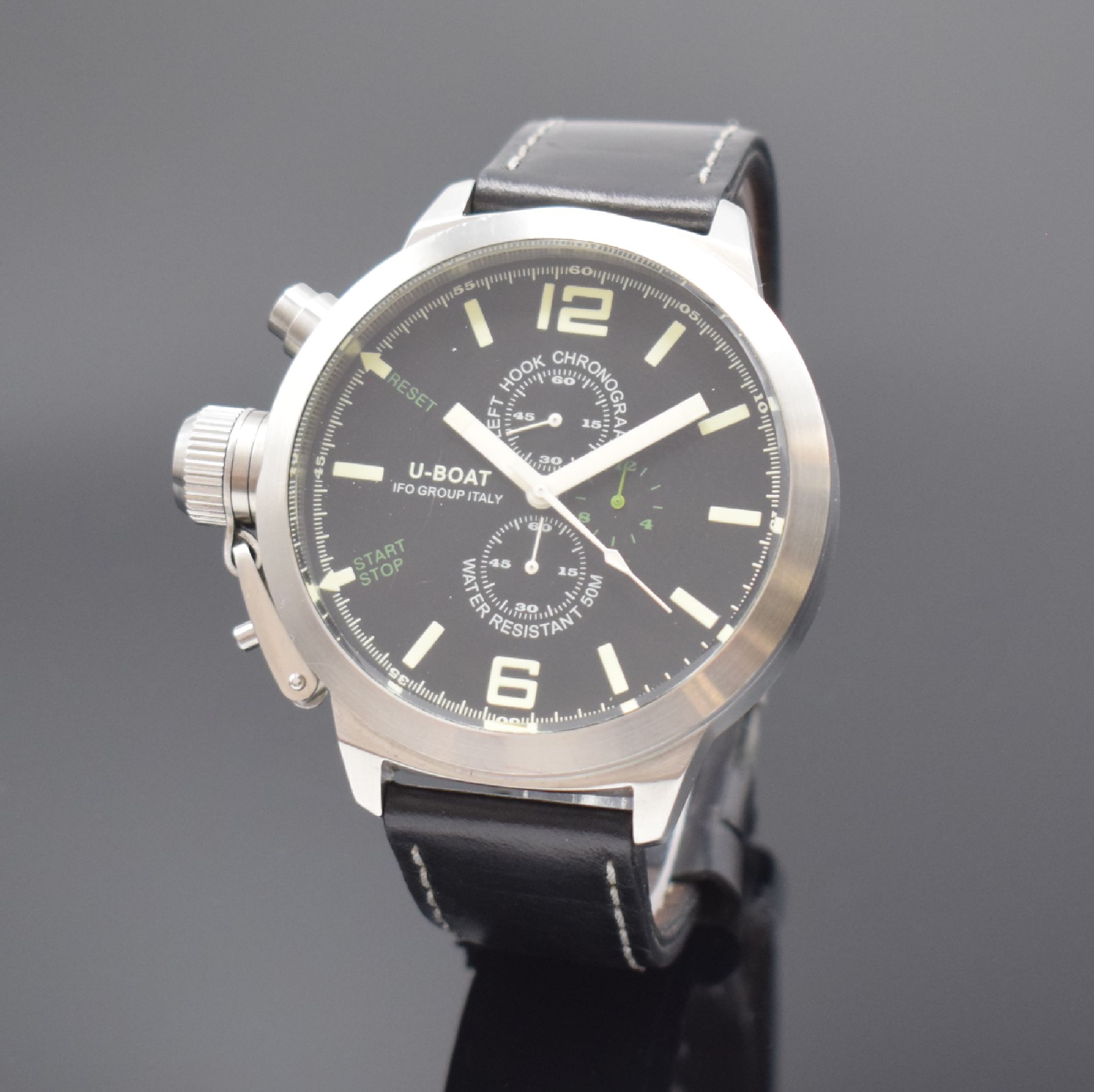 U-BOAT IFO Left Hook Chronograph limited Edition Herrenarmbanduhr, Italien um 2010, quarz, Ref. B53-08, Edelstahlgeh. inkl. orig. Lederband m. dopp. ...