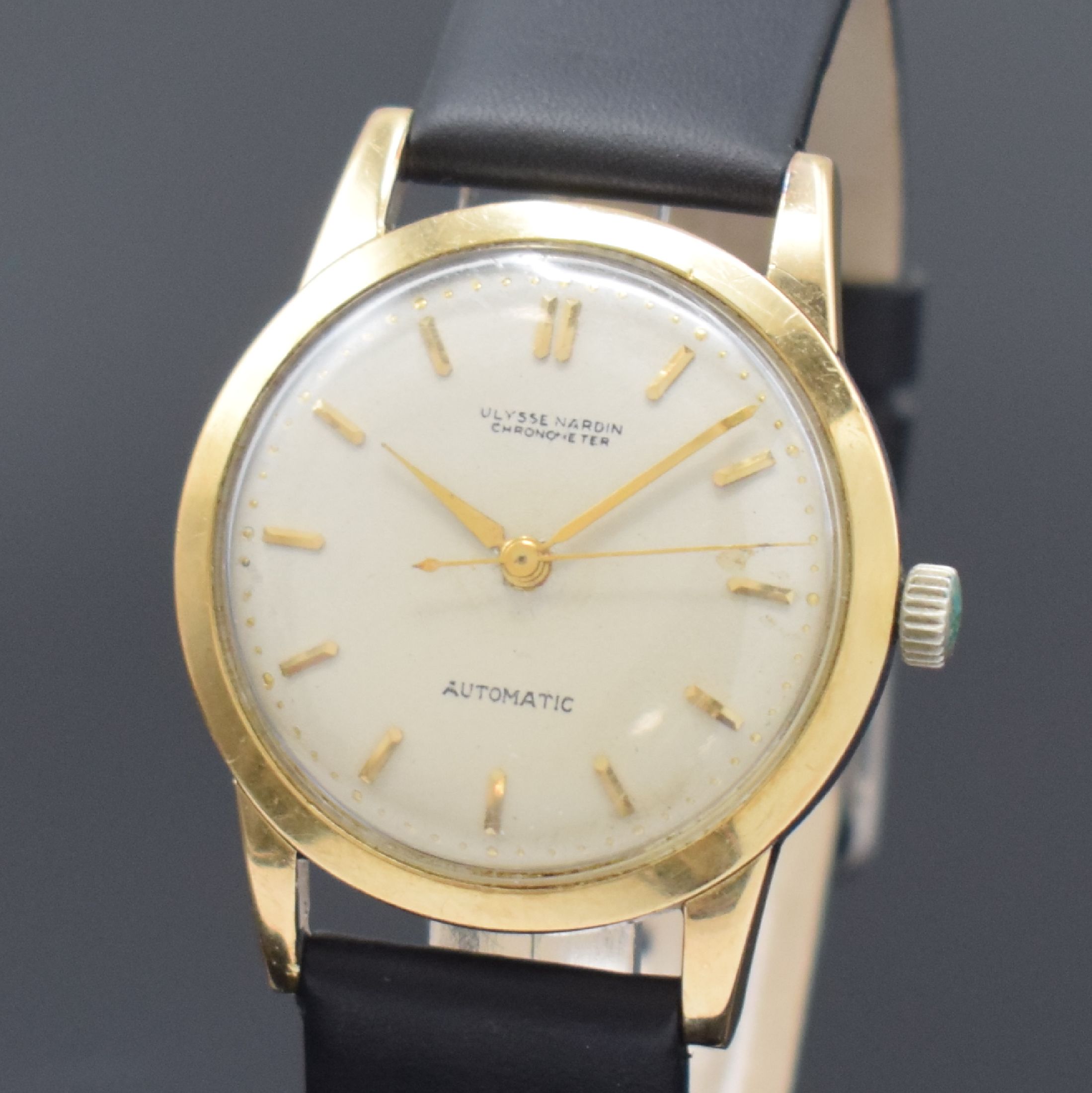 Detail a: ULYSSE NARDIN Herrenarmbanduhr, Schweiz um 1960, Automatik, Edelstahlgeh. m. Goldhaube, Boden verschr., silb. Zifferbl. rest., gold. Std.-Ind., gold. ...