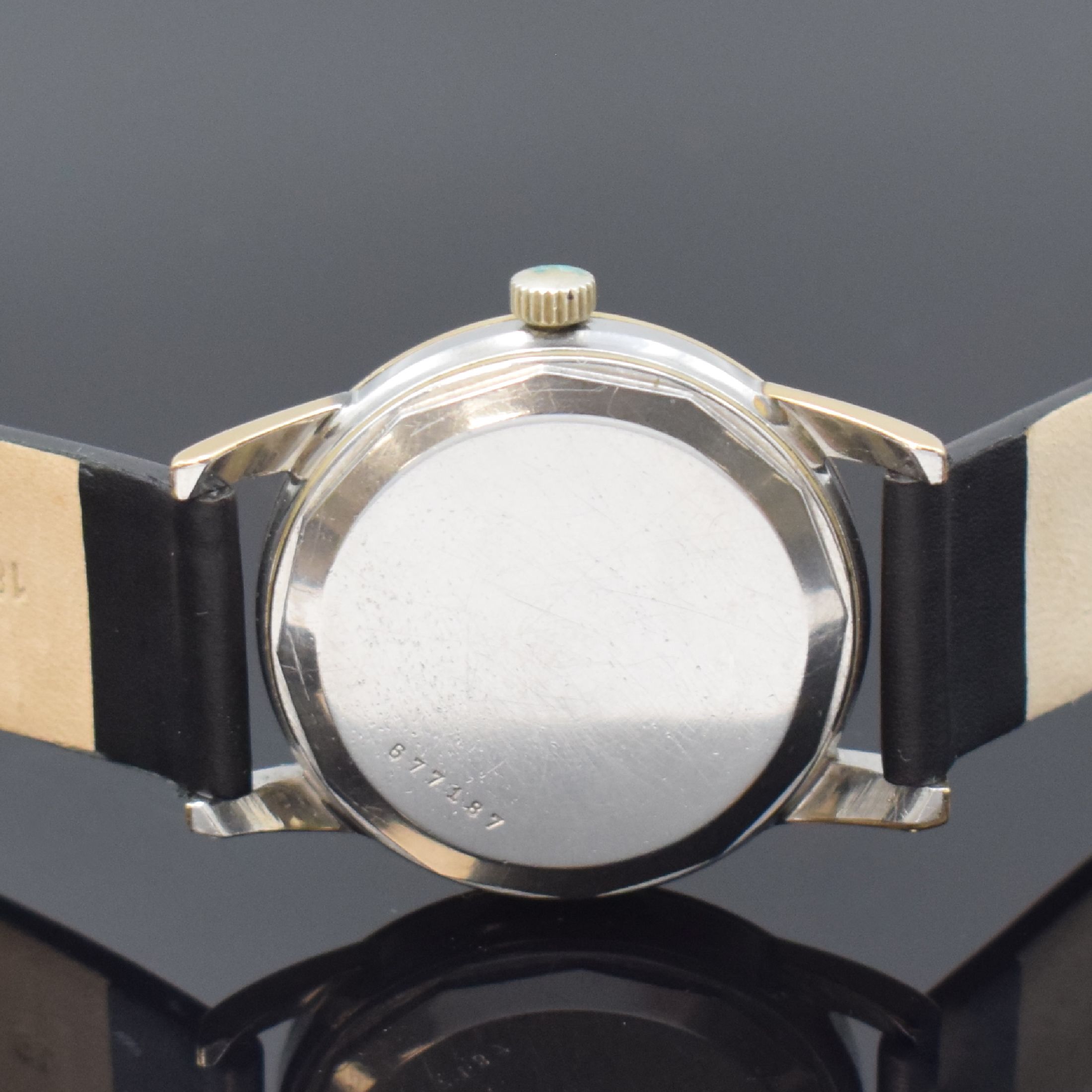 Detail c: ULYSSE NARDIN Herrenarmbanduhr, Schweiz um 1960, Automatik, Edelstahlgeh. m. Goldhaube, Boden verschr., silb. Zifferbl. rest., gold. Std.-Ind., gold. ...