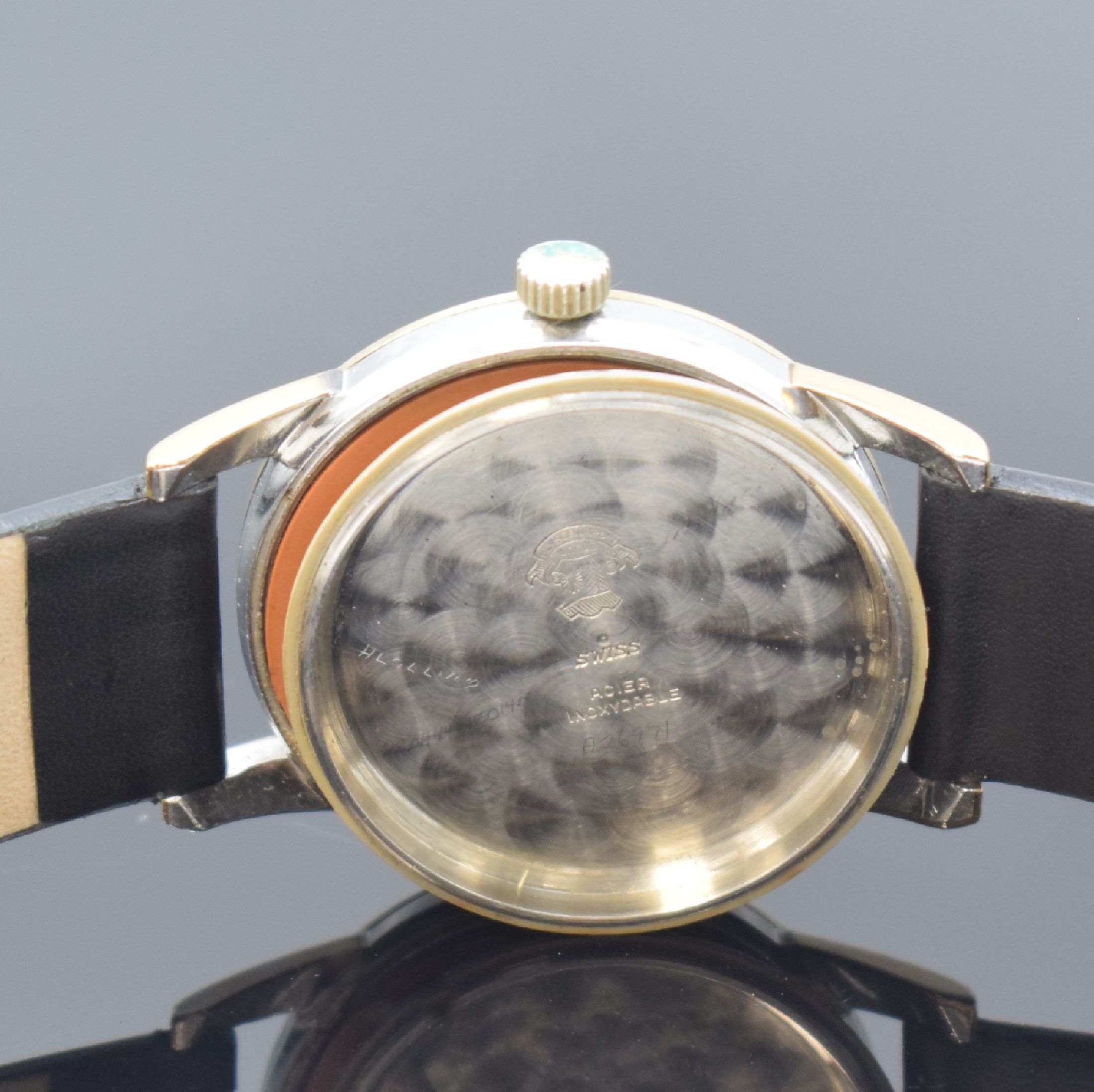 Detail f: ULYSSE NARDIN Herrenarmbanduhr, Schweiz um 1960, Automatik, Edelstahlgeh. m. Goldhaube, Boden verschr., silb. Zifferbl. rest., gold. Std.-Ind., gold. ...