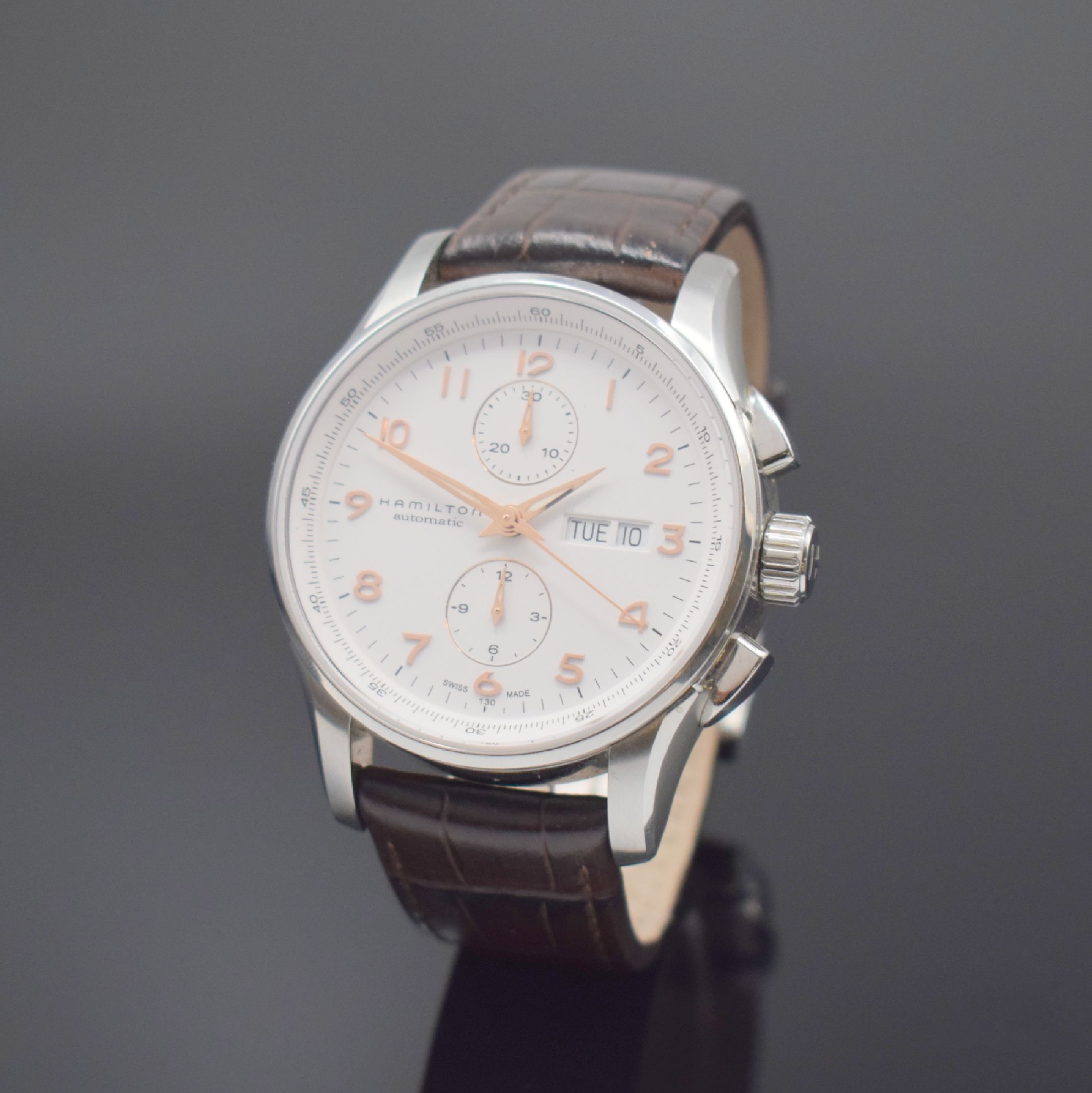 HAMILTON Herrenchronograph in Stahl, Schweiz um 2020, Automatik, beids. Saphir- vergl. Geh., Boden 6-fach verschr., orig. Lederband m. Stahl ...