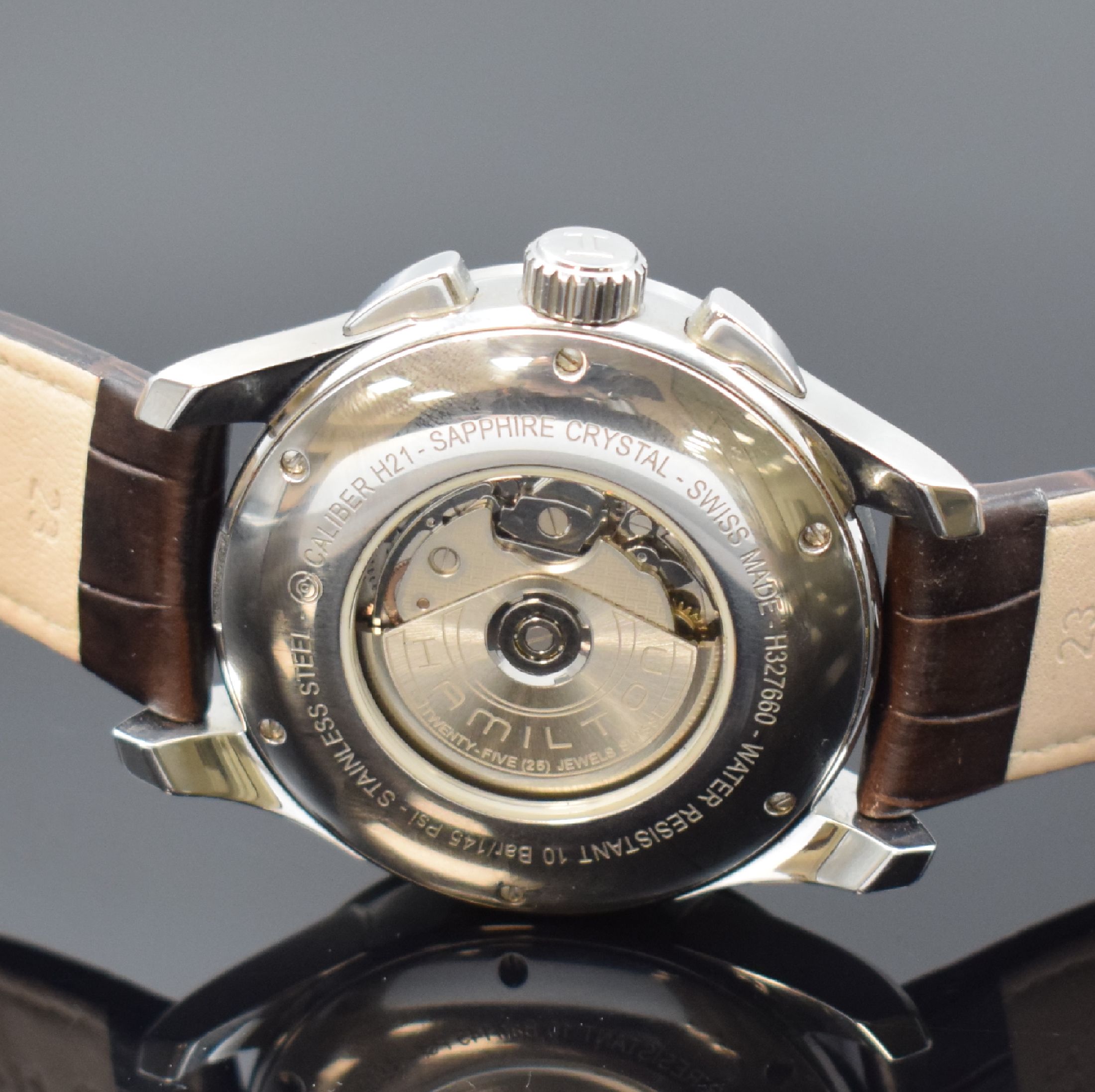 Detail d: HAMILTON Herrenchronograph in Stahl, Schweiz um 2020, Automatik, beids. Saphir- vergl. Geh., Boden 6-fach verschr., orig. Lederband m. Stahl ...