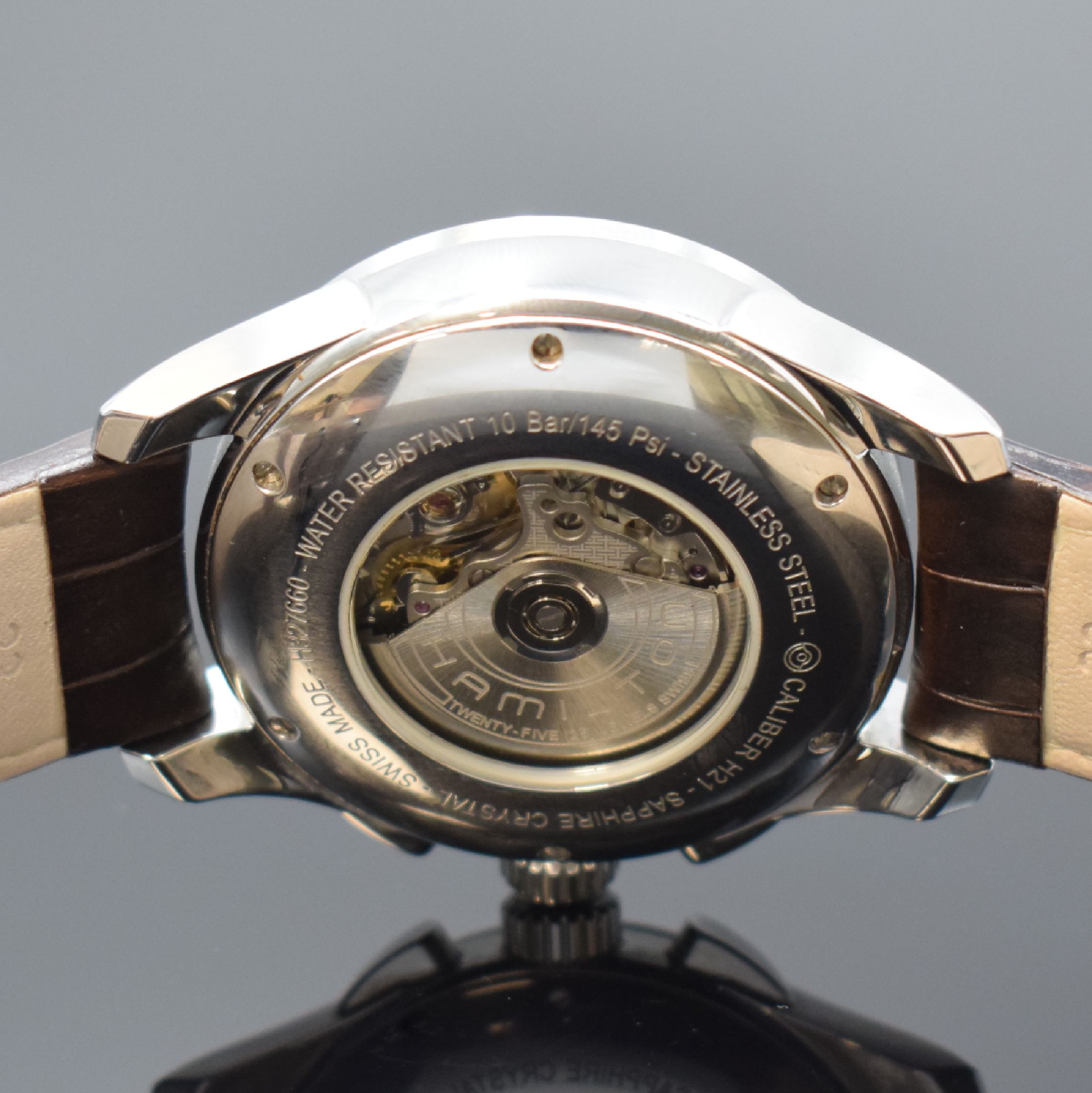 Detail e: HAMILTON Herrenchronograph in Stahl, Schweiz um 2020, Automatik, beids. Saphir- vergl. Geh., Boden 6-fach verschr., orig. Lederband m. Stahl ...