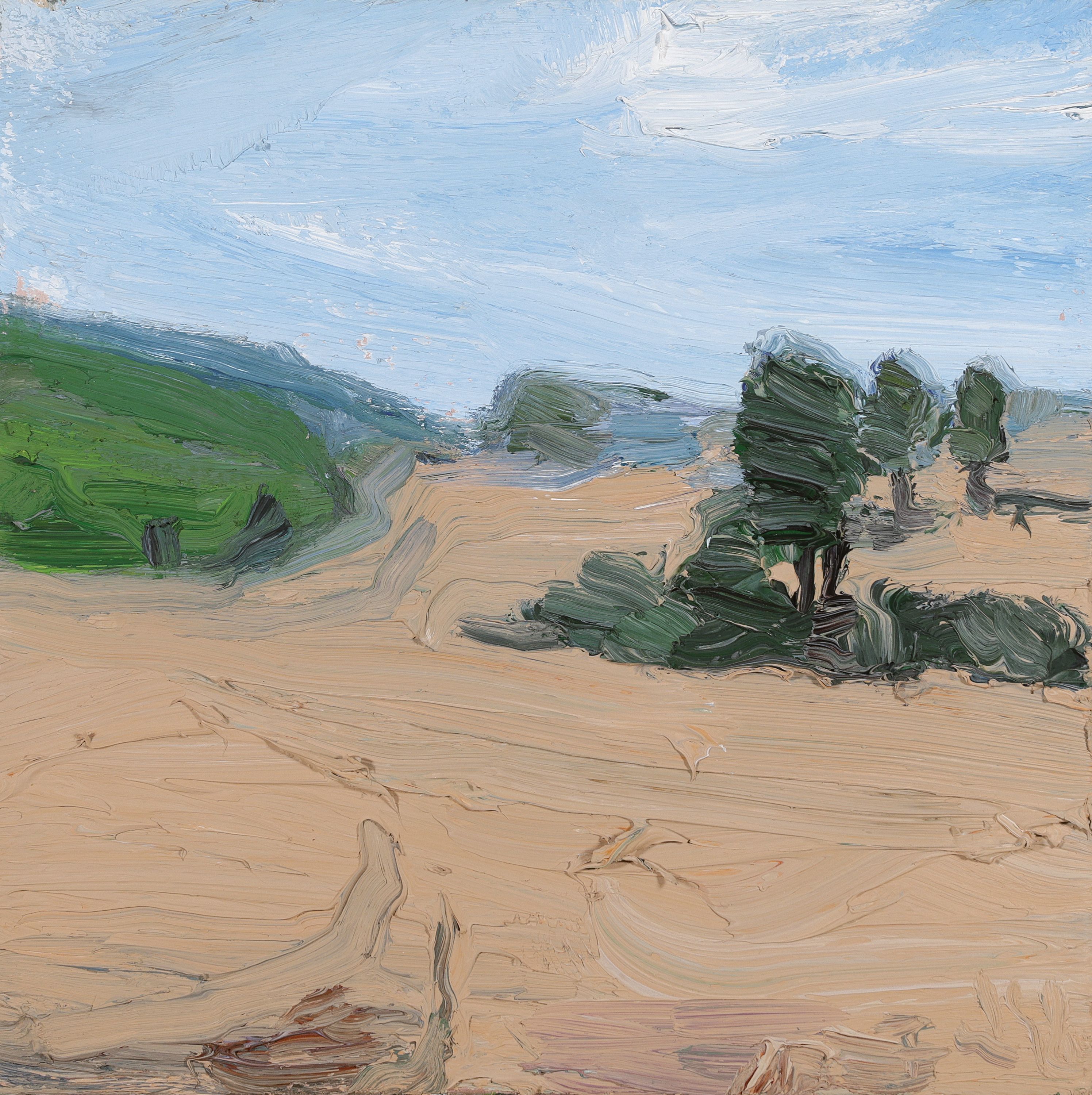 Klaus Fussmann, geb. 1938, "Landschaft bei Goldhöft", stark pastoser Farbauftrag, Öl/Lwd,signiert, verso auf Etikett bezeichnet, 30x30 ...
