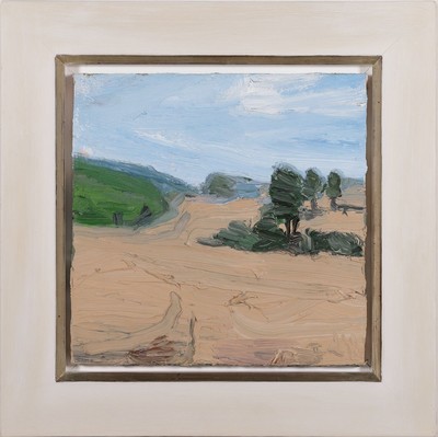 26654849k - Klaus Fussmann, born 1938, #"Landscape near Goldhöft#", heavily impasto paint application,oil/canvas, signed, inscribed on label on verso, 30x30 cm, gallery frame 46x44 cm