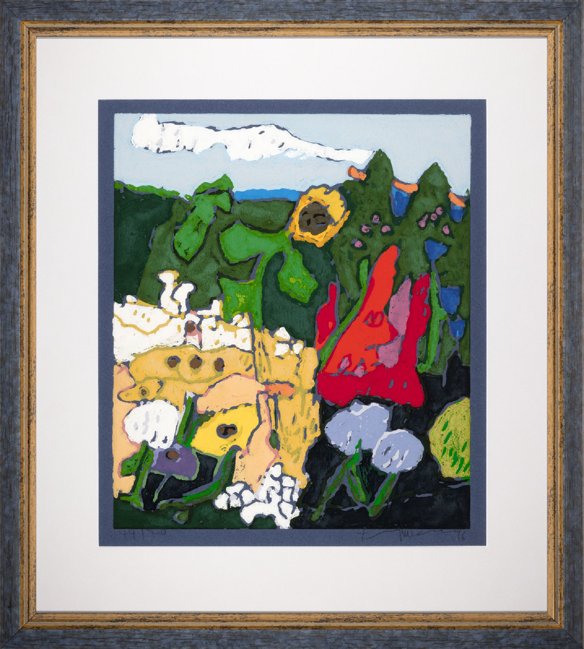 Klaus Fussmann, geb. 1938, Lithographie aus Linol, "Garten in Gelting", Ed. 44/70, Platte 50x42 cm, unter Glas gerahmt, 78x70 cm, verso auf ...
