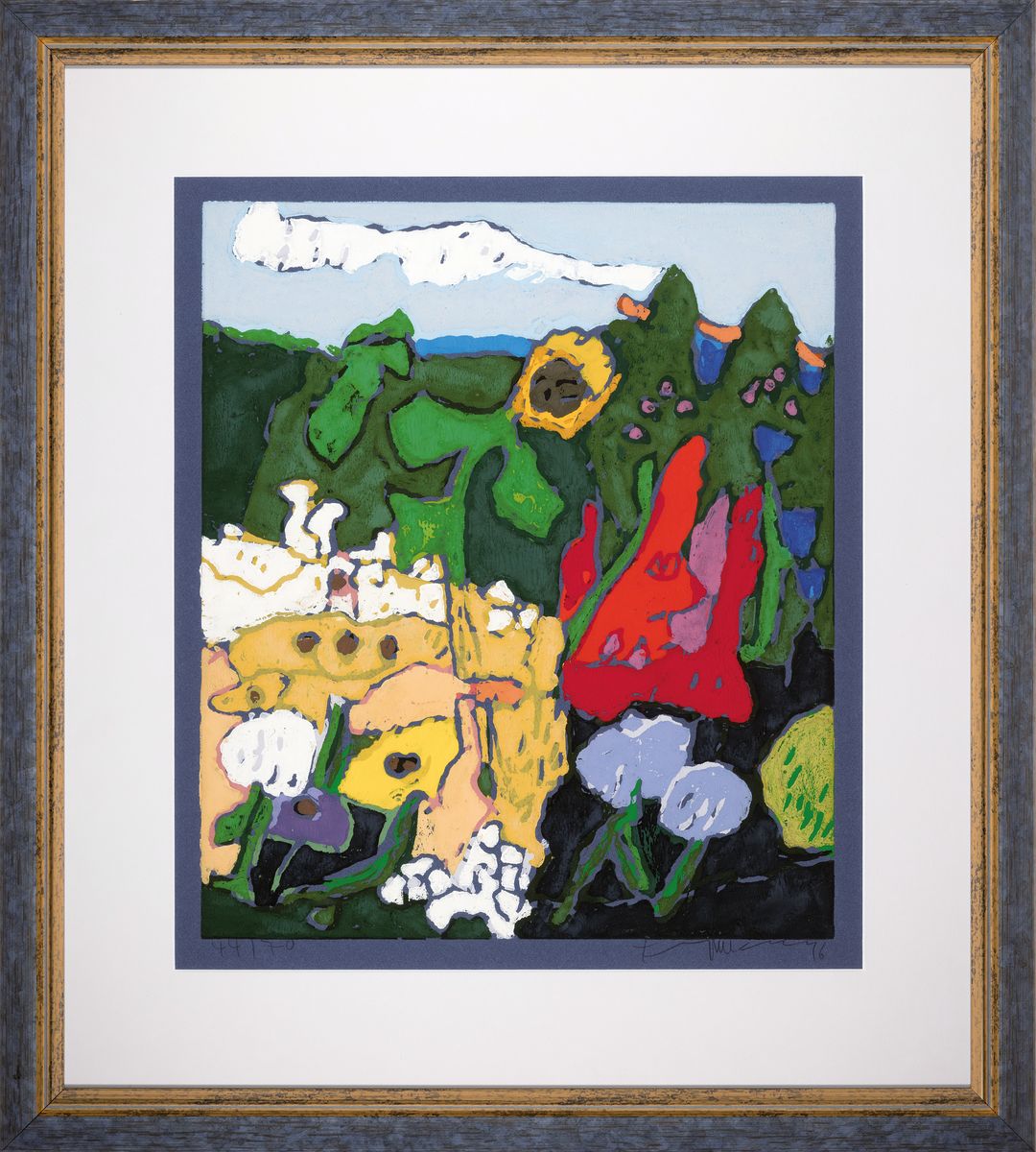 Detail k: Klaus Fussmann, geb. 1938, Lithographie aus Linol, "Garten in Gelting", Ed. 44/70, Platte 50x42 cm, unter Glas gerahmt, 78x70 cm, verso auf ...