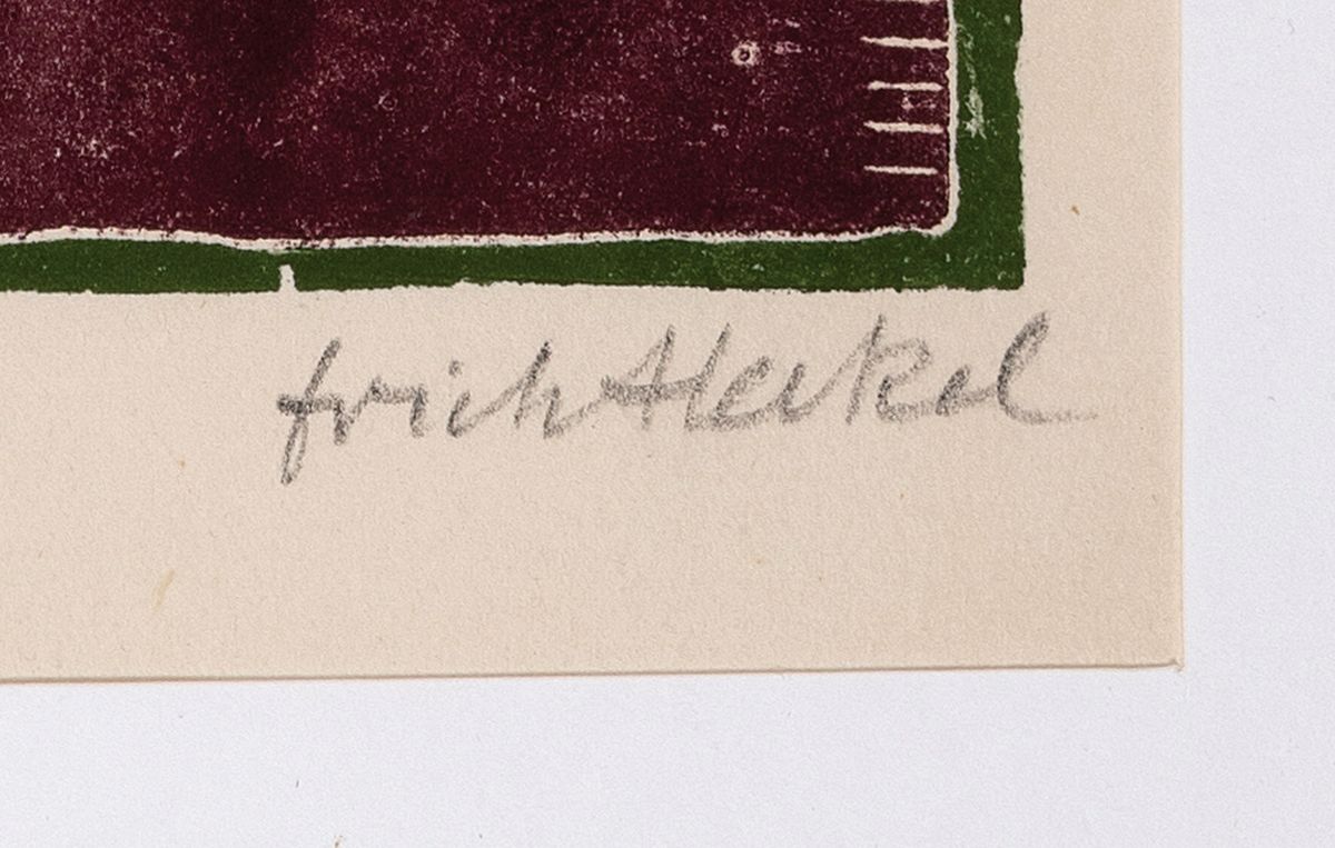 Detail a: Erich Heckel, 1833 Döbeln-1970 Radolfzell, Farbholzschnitt, 28. Jahresblatt für 1959, Clown im Spiegel, bez.: Mit guten Wünschen...,handsign., ...