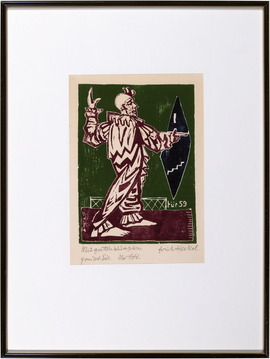Detail k: Erich Heckel, 1833 Döbeln-1970 Radolfzell, Farbholzschnitt, 28. Jahresblatt für 1959, Clown im Spiegel, bez.: Mit guten Wünschen...,handsign., ...