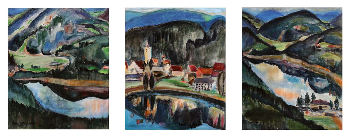 Elisabeth Mack-Usselmann, 1927 Karlsruhe - 2020, Meisterschülerin Erich Heckels, "Titisee-Triptychon", dreiteilige Titisee -Landschaft, ...