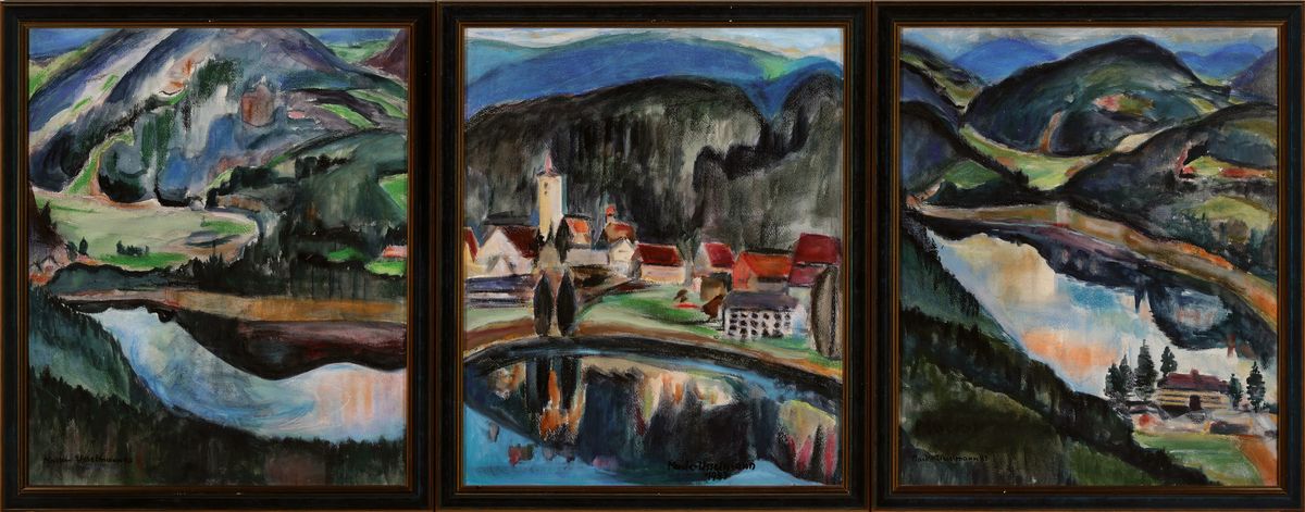 Detail k: Elisabeth Mack-Usselmann, 1927 Karlsruhe - 2020, Meisterschülerin Erich Heckels, "Titisee-Triptychon", dreiteilige Titisee -Landschaft, ...