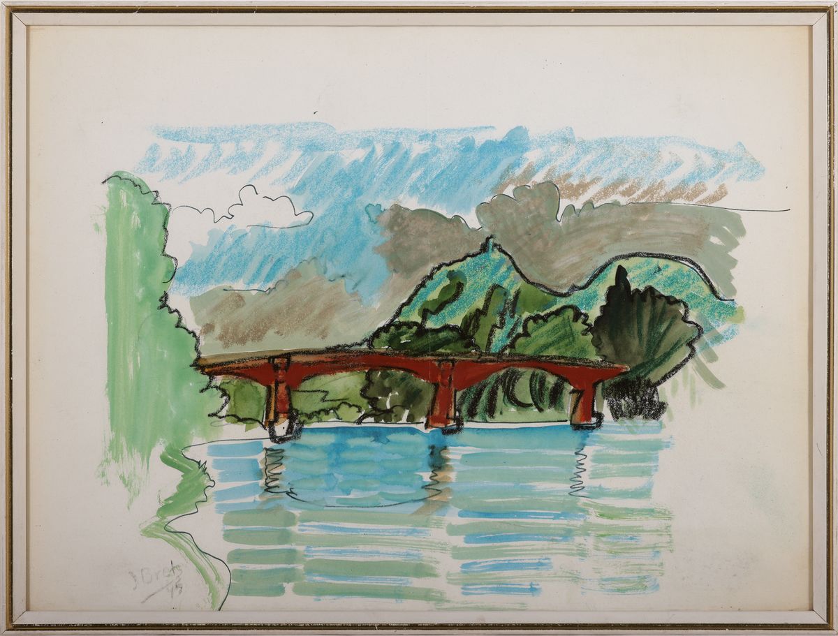 Detail k: Julius Bretz, 1870 Wiesbaden-1953 Bad Honnef, Brücke über den Fluss, Gouache auf Papier, links unten signiert uns dat. 45, ca. 30x40cm, u.Gl., R.