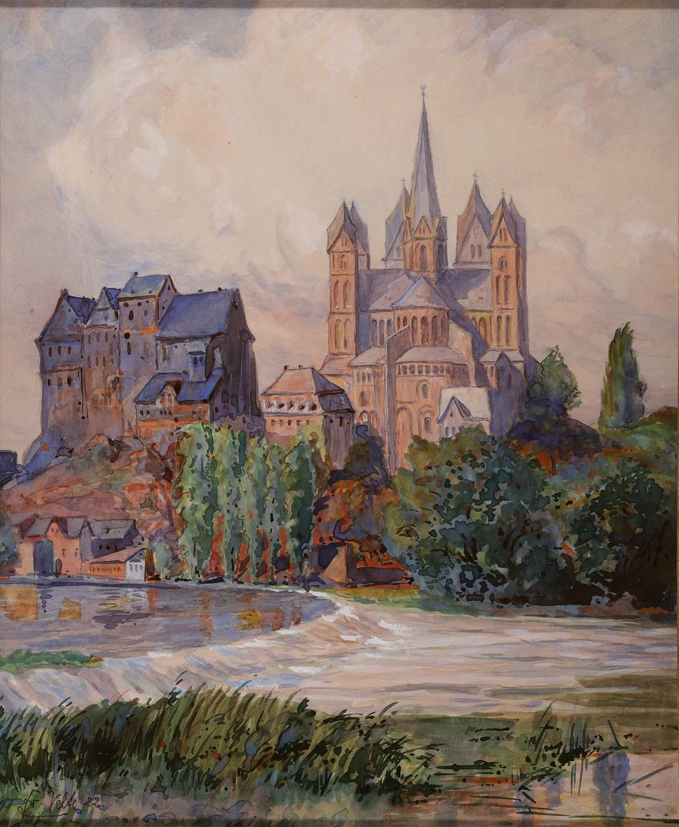 Fritz Velte, Maler um 1900, Blick auf den Limburger Dom, Aquarell auf Papier, links unten signiert, ca. 29x24cm, u.Gl., R. ca. 38x33cm