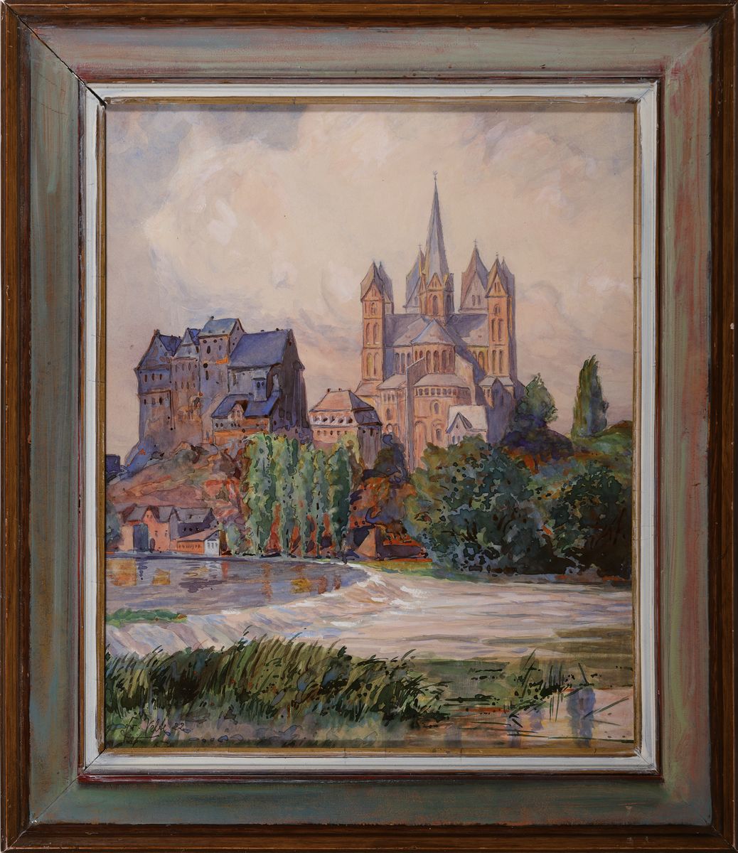 Detail k: Fritz Velte, Maler um 1900, Blick auf den Limburger Dom, Aquarell auf Papier, links unten signiert, ca. 29x24cm, u.Gl., R. ca. 38x33cm