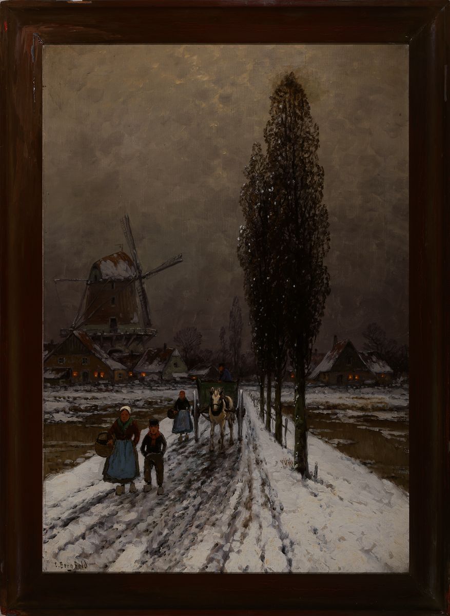 Detail k: Carl Bergfeld, 1837-1920, niederländische Winterlandschaft mit Mühle und Personen, Öl/Lwd, li. unten signiert, ca. 94 x 65 cm, Rahmen beschädigt