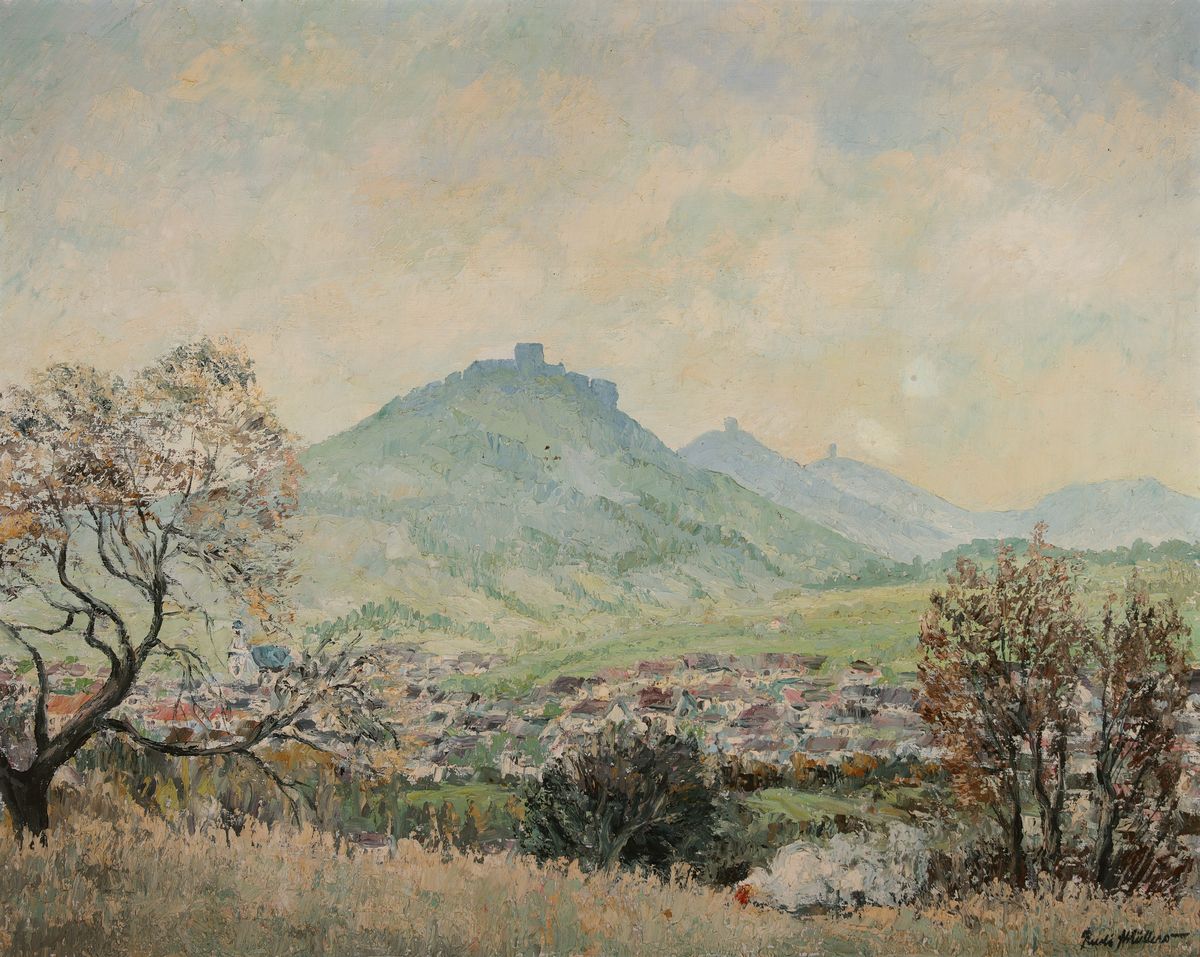 Rudi Müllers, 1895 München - 1972 Heidelberg pfälzer Ansicht, Trifels, Anebos und alte Münz, Öl/Lwd, signiert, l. rest., Altersspuren, ca. 80 x ...