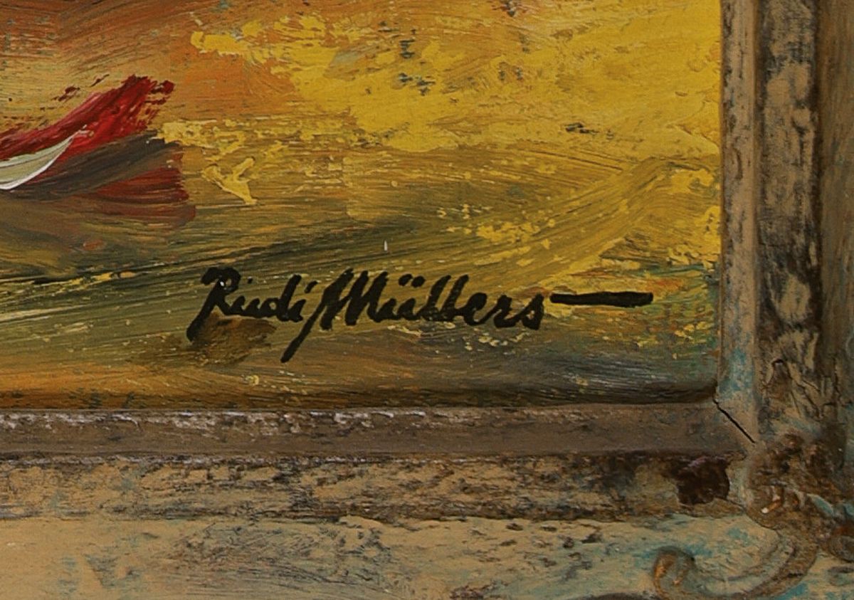 Detail a: Rudi Müllers, 1895 München - 1972 Heidelberg, Blumenstillleben in heller Vase, Öl/Lwd, signiert, 55x 47 cm, Prunkrahmen