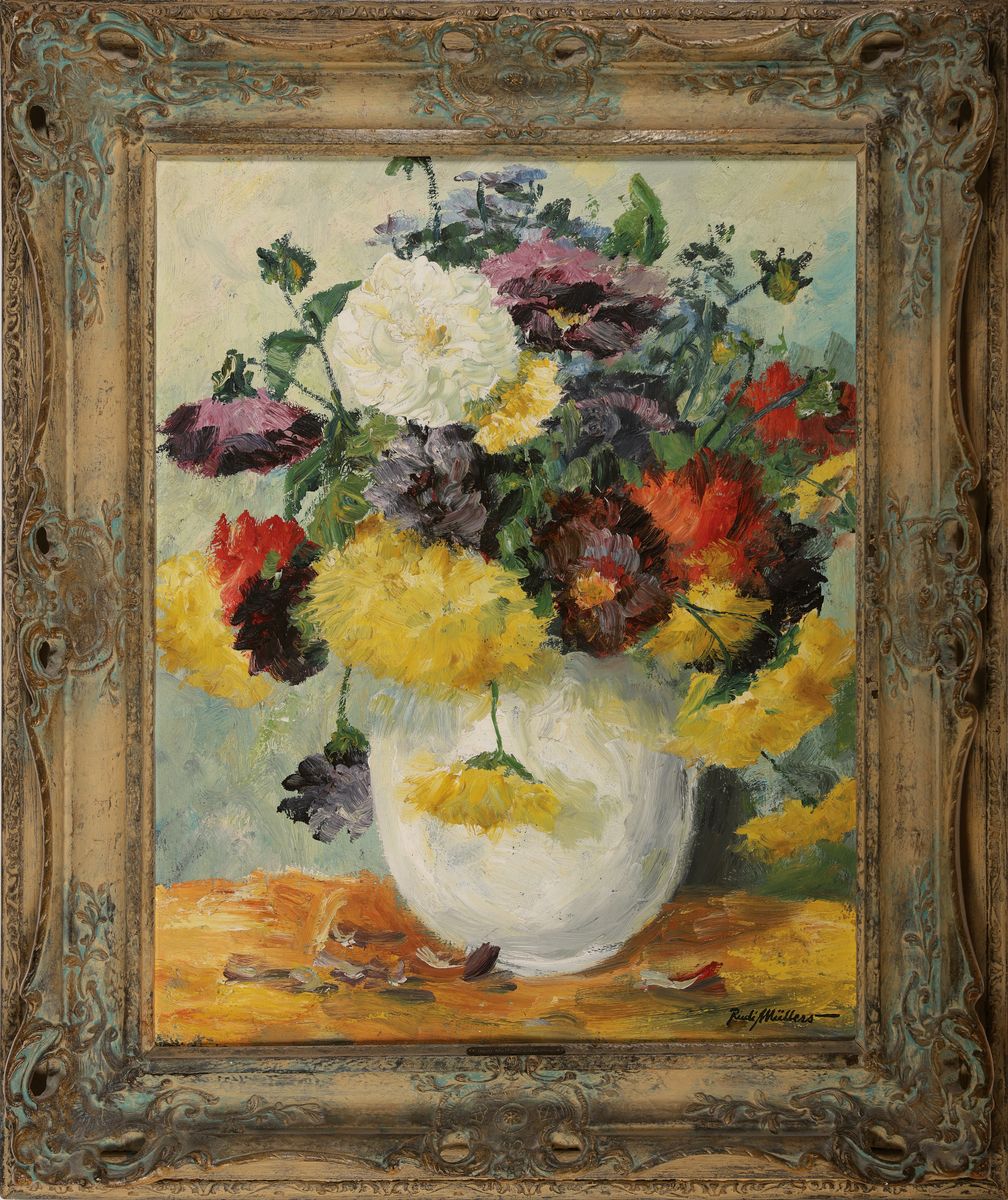 Detail k: Rudi Müllers, 1895 München - 1972 Heidelberg, Blumenstillleben in heller Vase, Öl/Lwd, signiert, 55x 47 cm, Prunkrahmen