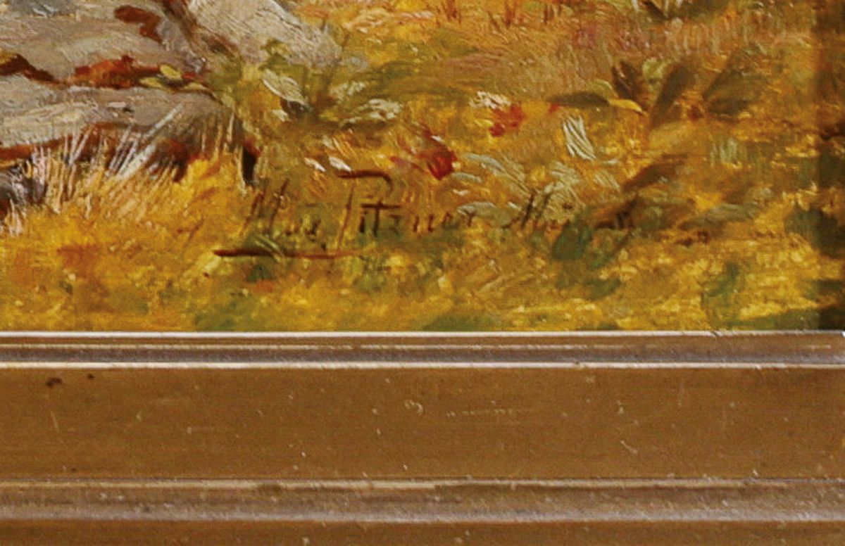 Detail a: Max Pfitzner, 1855 Partenkirchen - 1912 München, Münchner Schule, zwei preußische Gendarmen bei der Kontrolle einer Gruppe Sinti, rechts unten ...