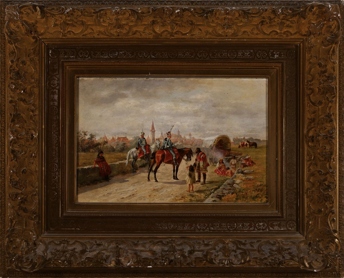 Detail k: Max Pfitzner, 1855 Partenkirchen - 1912 München, Münchner Schule, zwei preußische Gendarmen bei der Kontrolle einer Gruppe Sinti, rechts unten ...