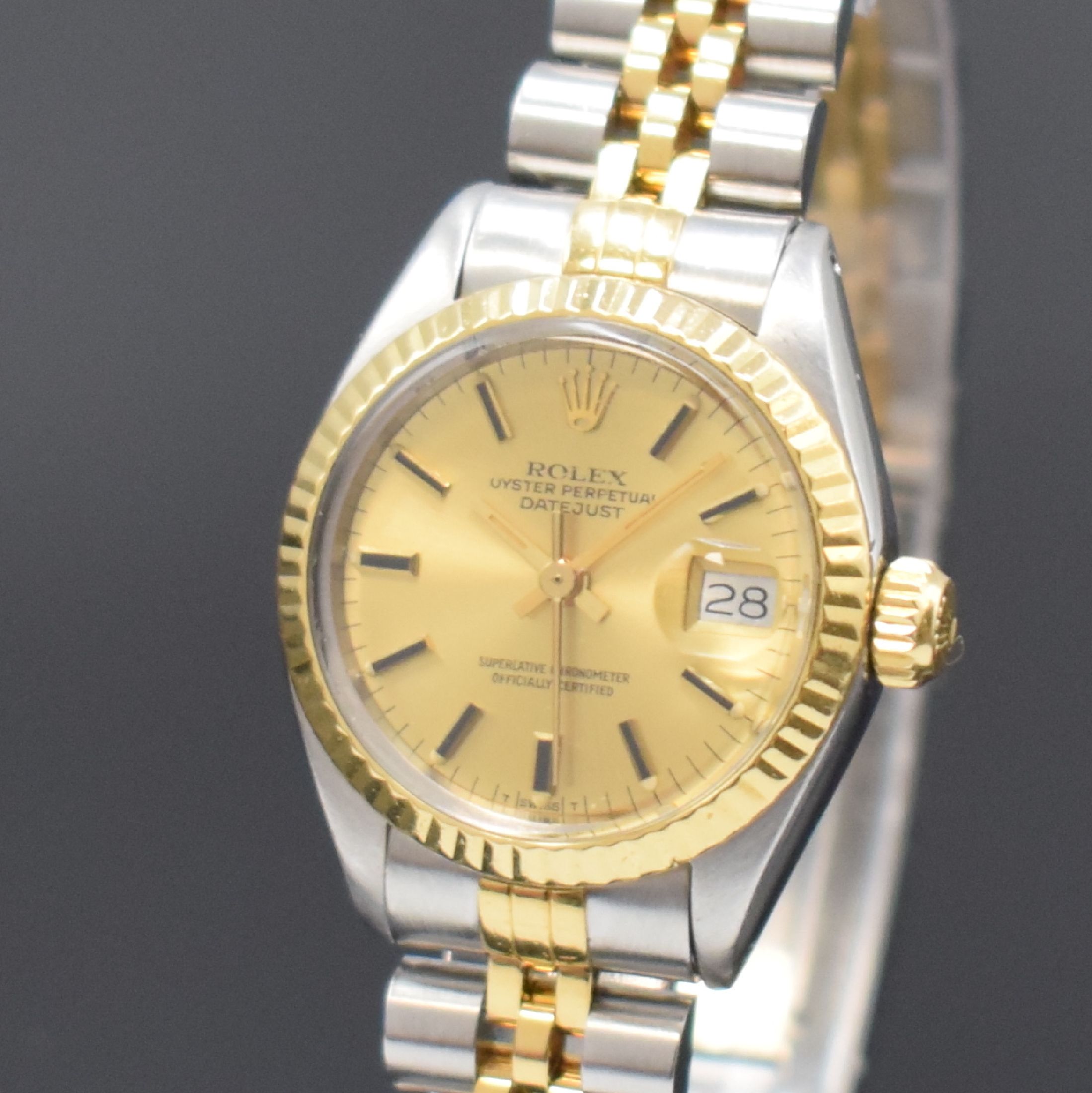 Detail a: ROLEX Datejust Damenarmbanduhr Referenz 6917, Schweiz um 1975, Automatik, Edelstahl u. Gold komb., verschr. Geh., Jubileeband m. Faltschl., gold. ...